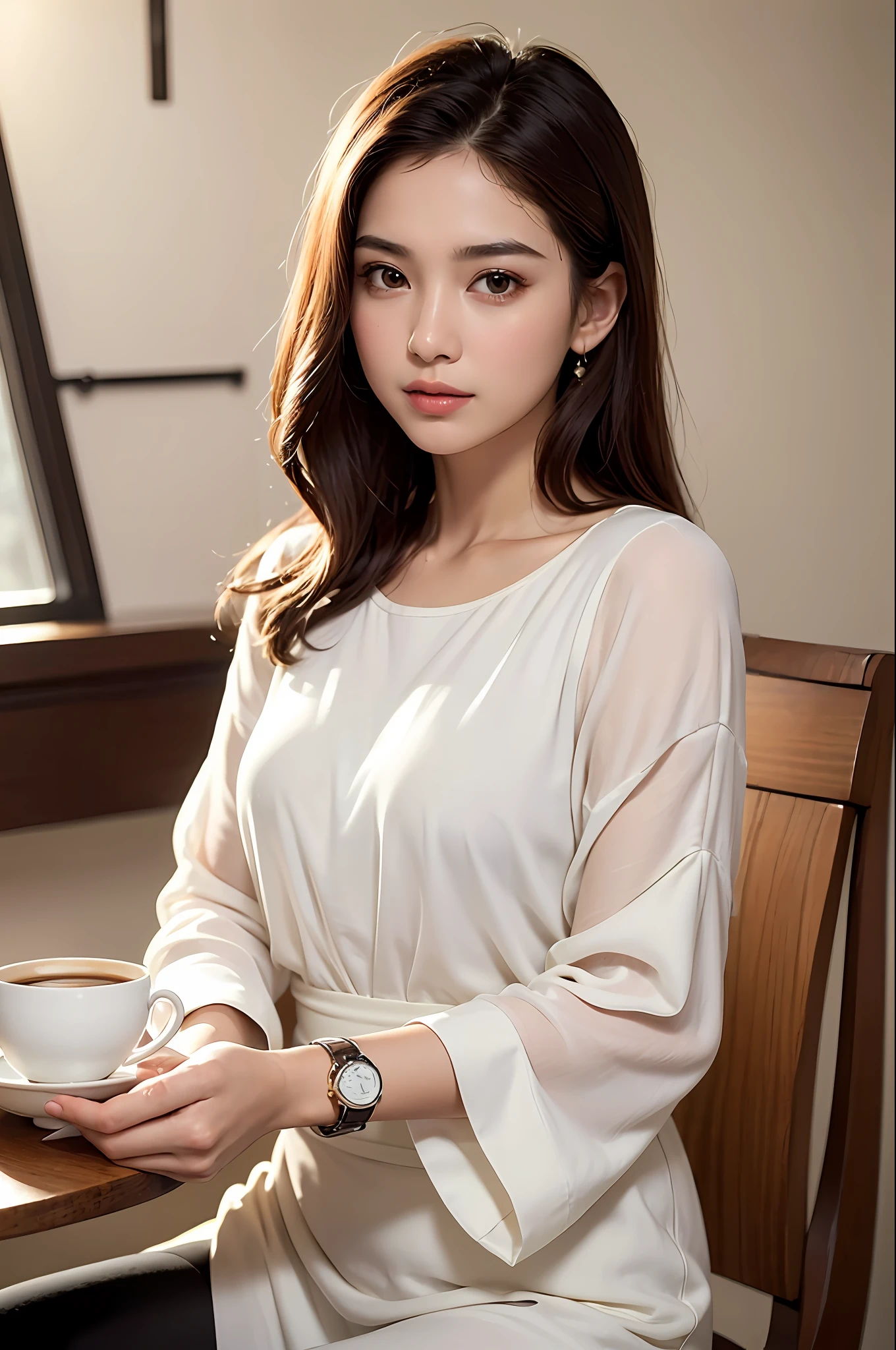 (8k, best quality, masterpiece:1,2), (realistic, photo-realistic:1,37), top quality, masterpiece, a beautiful woman, want to drink coffee, a coffee cup, elegant style. Indonesian women's style, clean white skin, beautiful eyes, medium hair, wears a watch