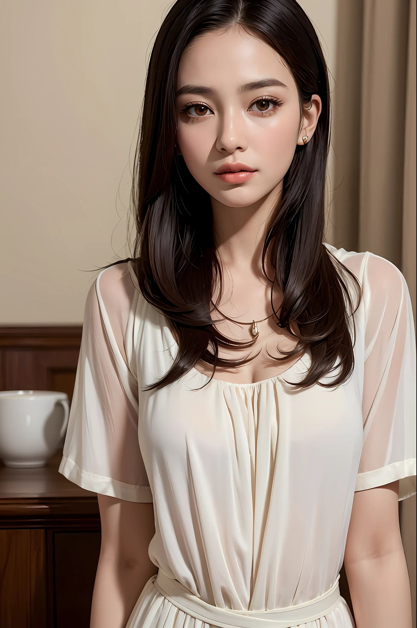 (8k, best quality, masterpiece:1,2), (realistic, photo-realistic:1,37), top quality, masterpiece, a beautiful woman, want to drink coffee, a coffee cup, elegant style. Indonesian women's style, clean white skin, beautiful eyes, medium hair, wears a watch