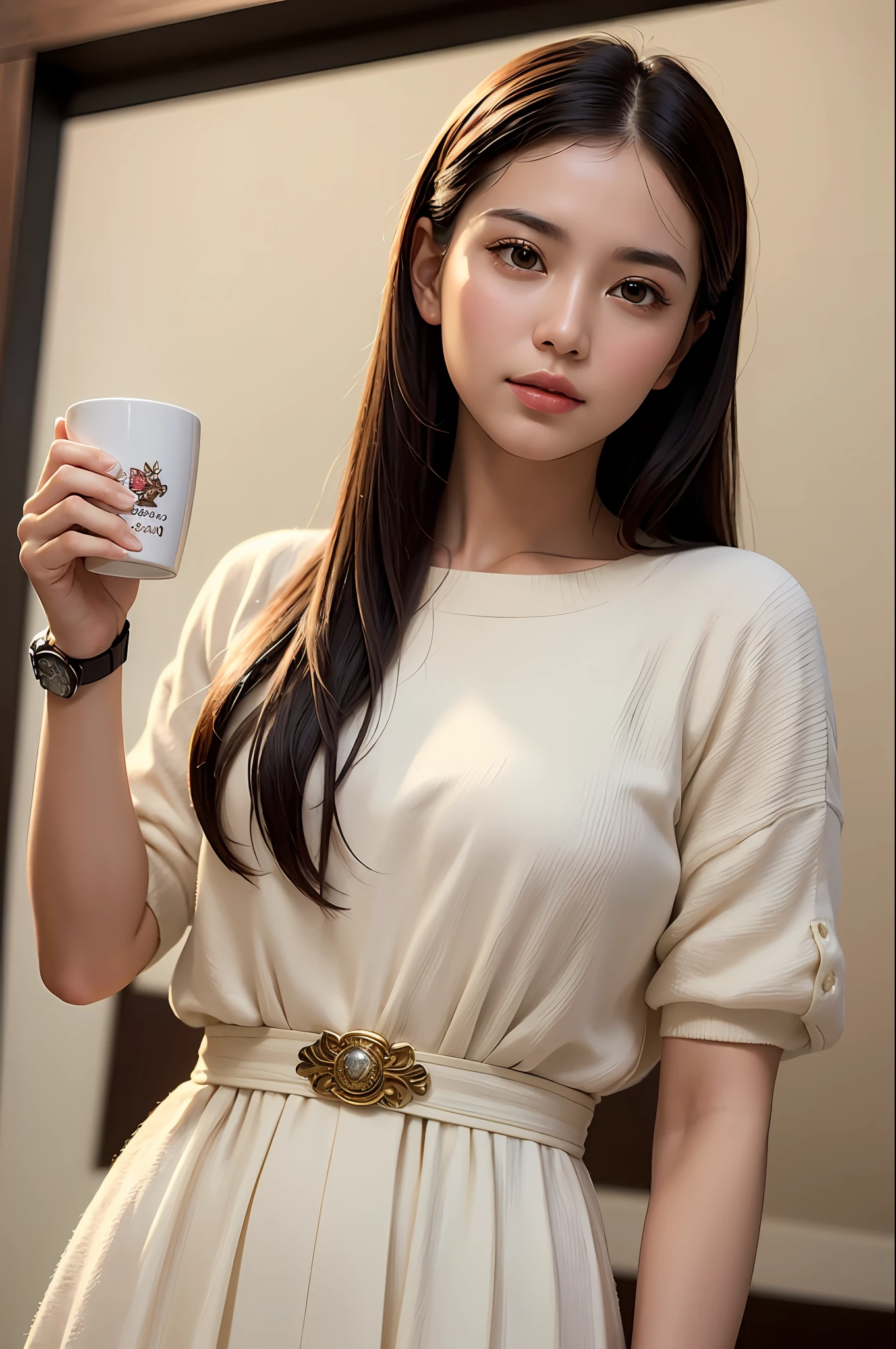(8k, best quality, masterpiece:1,2), (realistic, photo-realistic:1,37), top quality, masterpiece, a beautiful woman, want to drink coffee, a coffee cup, elegant style. Indonesian women's style, clean white skin, beautiful eyes, medium hair, wears a watch