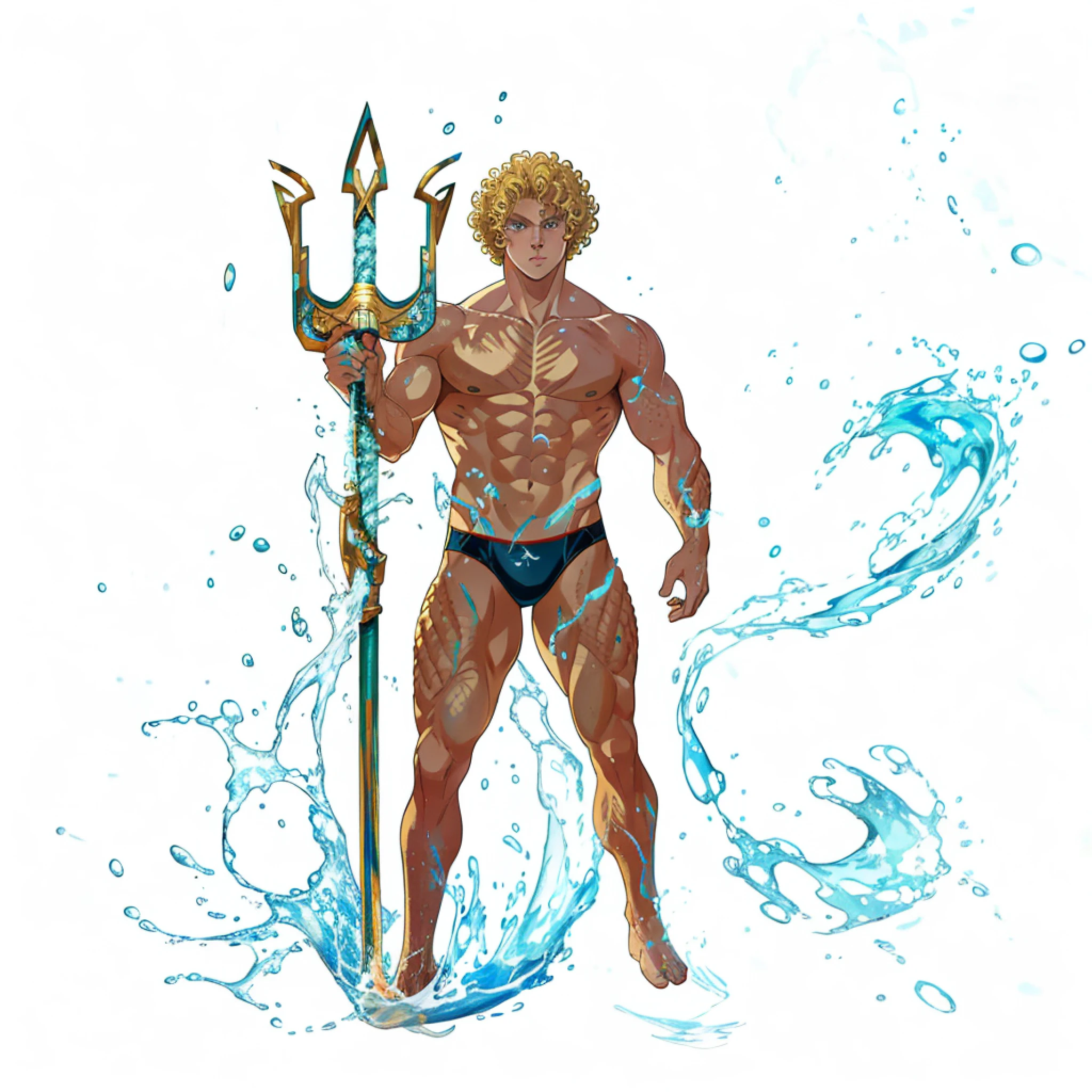 Aqua Man has curly hair, He has blonde hair color, and water