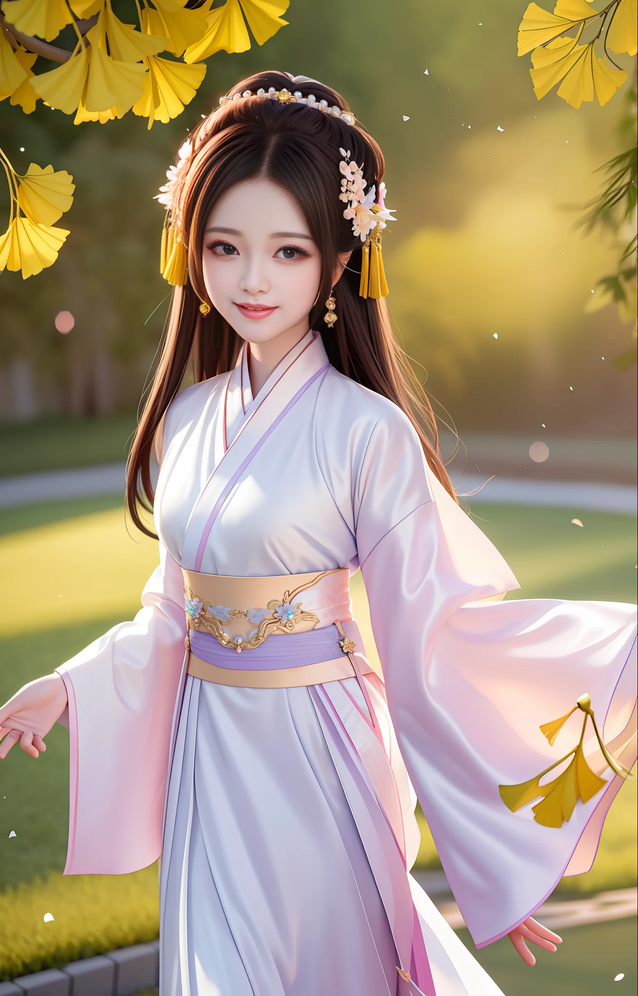 HD, masterpiece level Hanfu beauty, blush, charming smile (weight 0.8), bright star pupils, gorgeous hair accessories, beauty, Tyndall effect that highlights body lines, Dark Shadow Studio, high-detail skin with edge light and bicolor light (weight 1.2), soft light of 8K, high-quality volumetric light, achieving the highest quality shooting effect when shooting pictures, HD resolution using 4K and 8K, background bokeh, close-up, healing smile and white dress. Ginkgo grove