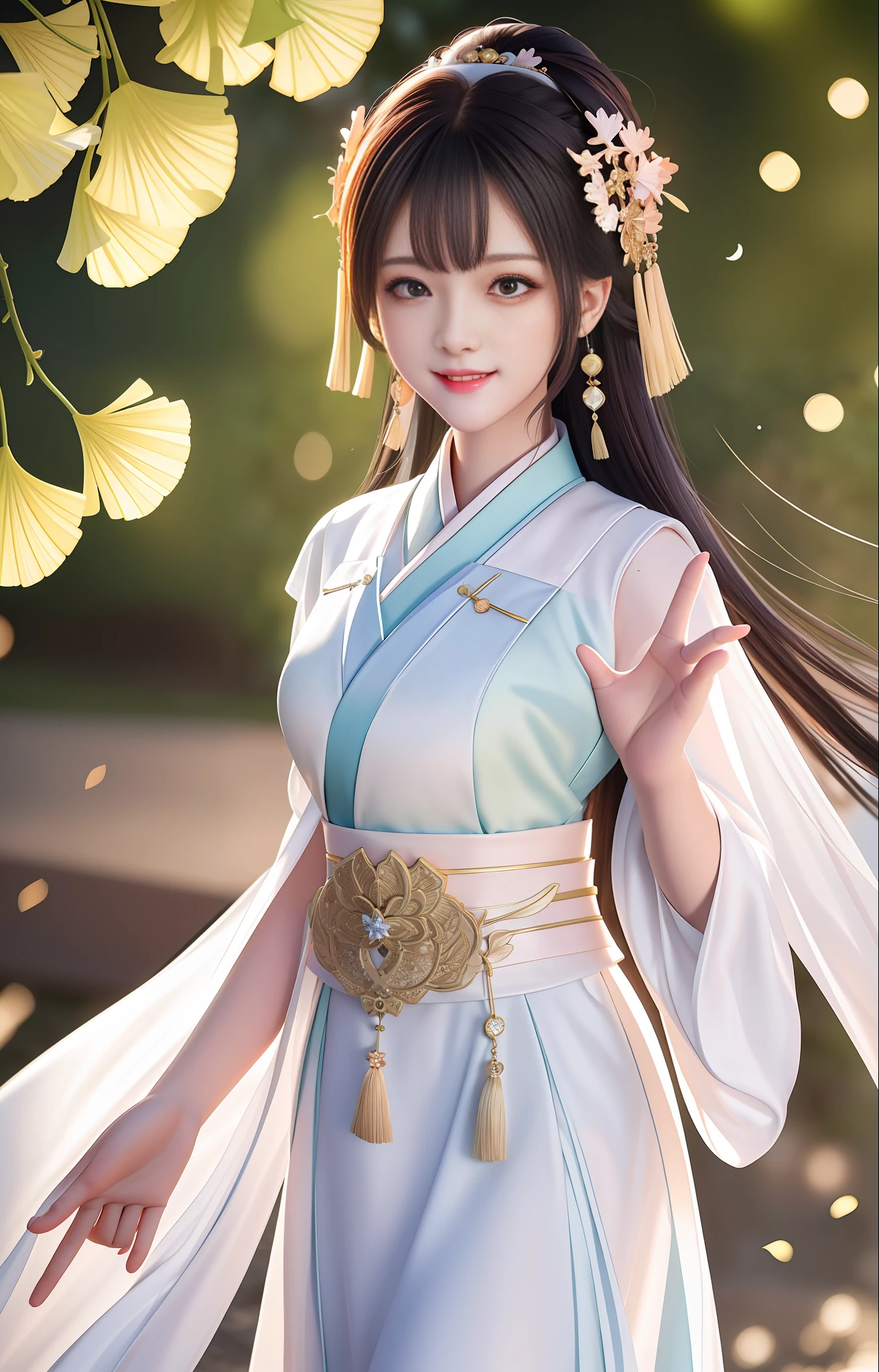 HD, masterpiece level Hanfu beauty, blush, charming smile (weight 0.8), bright star pupils, gorgeous hair accessories, beauty, Tyndall effect that highlights body lines, Dark Shadow Studio, high-detail skin with edge light and bicolor light (weight 1.2), soft light of 8K, high-quality volumetric light, achieving the highest quality shooting effect when shooting pictures, HD resolution using 4K and 8K, background bokeh, close-up, healing smile and white dress. Ginkgo grove
