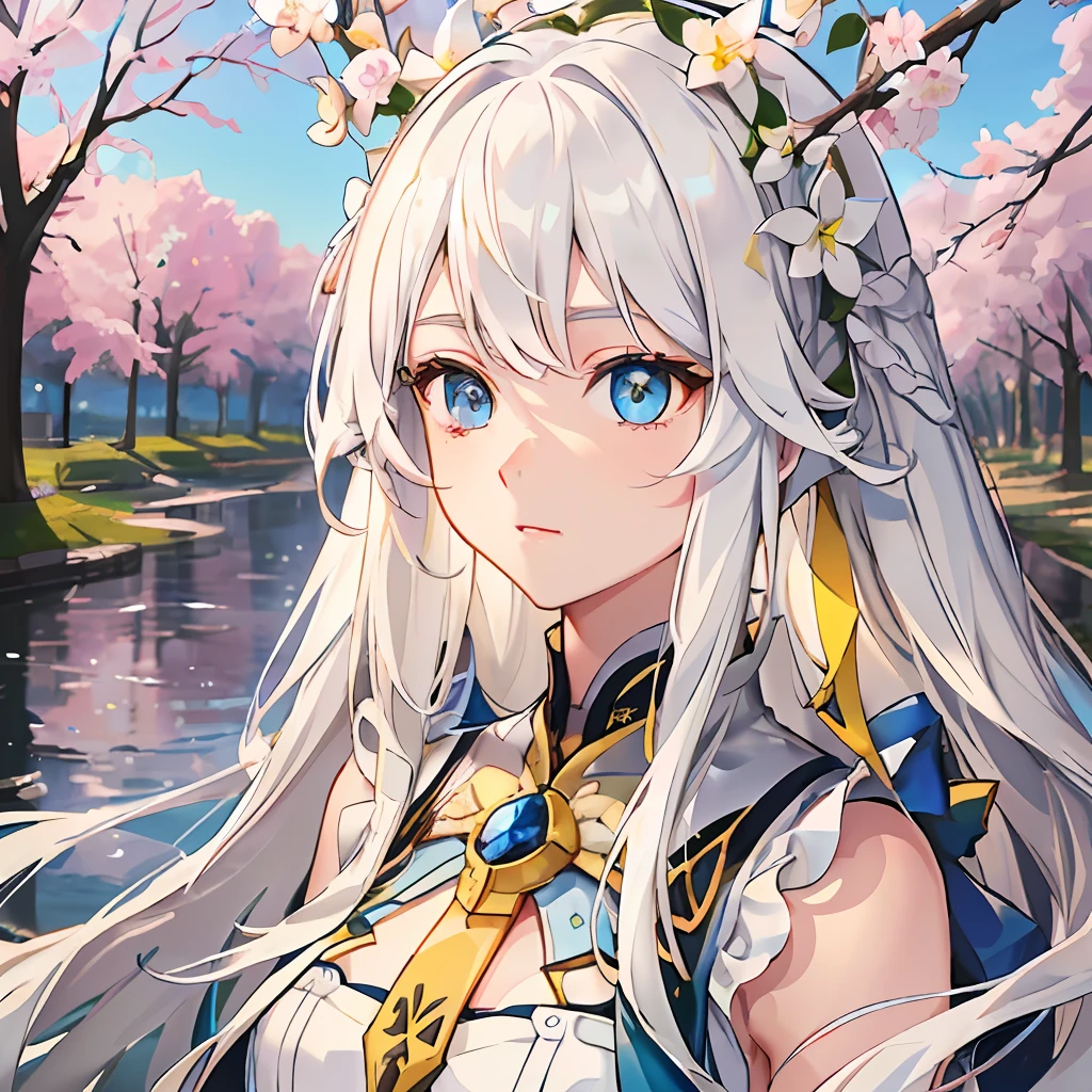 (a beautiful girl), (blue-eyed:1.2),0.3], (yellow eyes:1.3)0.4], white skin, (long straight white hair:1.2), extremely detailed 8k CG unit wallpaper of a beautiful place with Sakura tree --s2