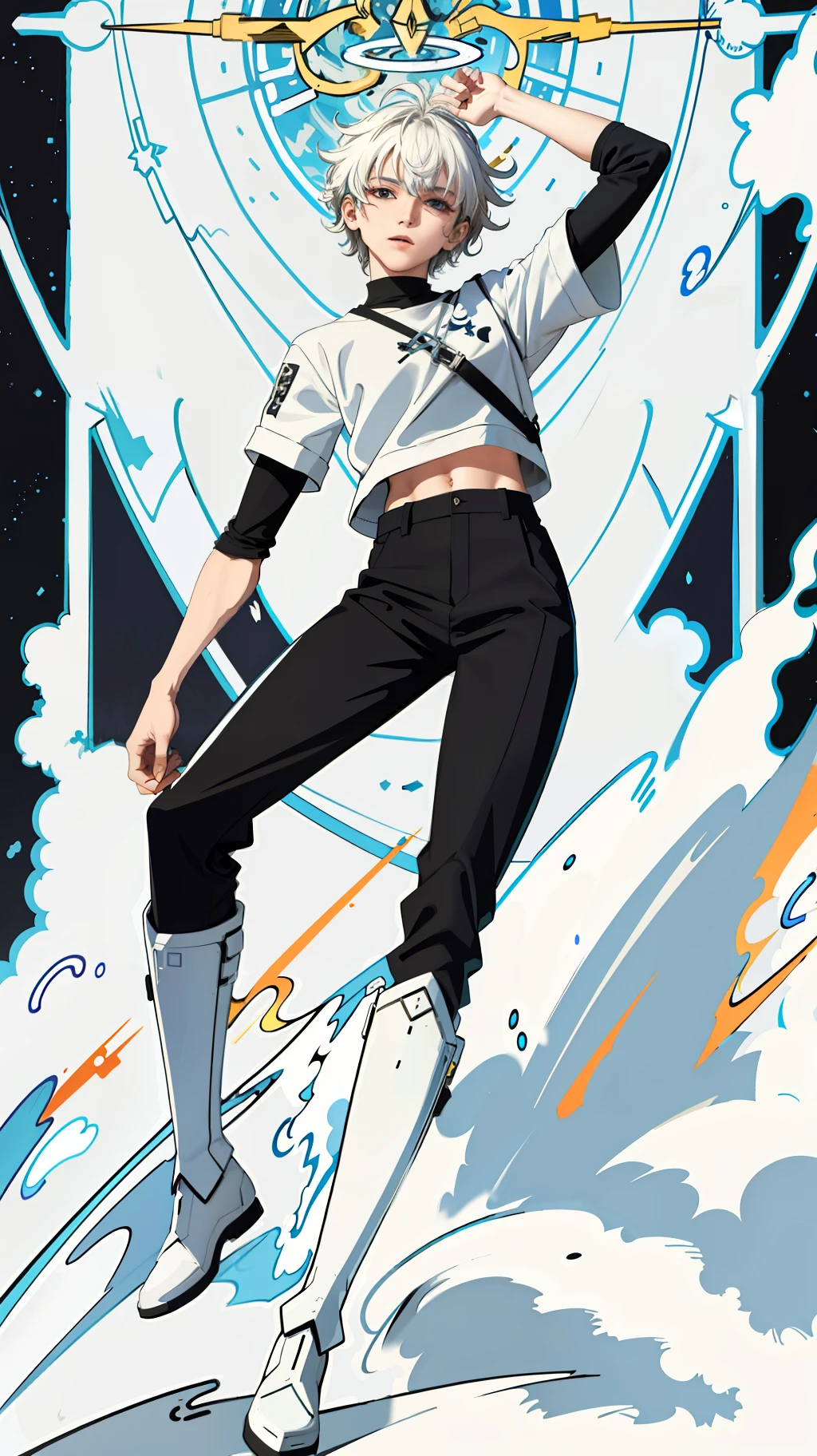tarot,(masterpiece, best quality:1.4), colorful, high contrast, genos white shirt, black pants, mechanical arms, glowing, fighting stance, halo behind head,