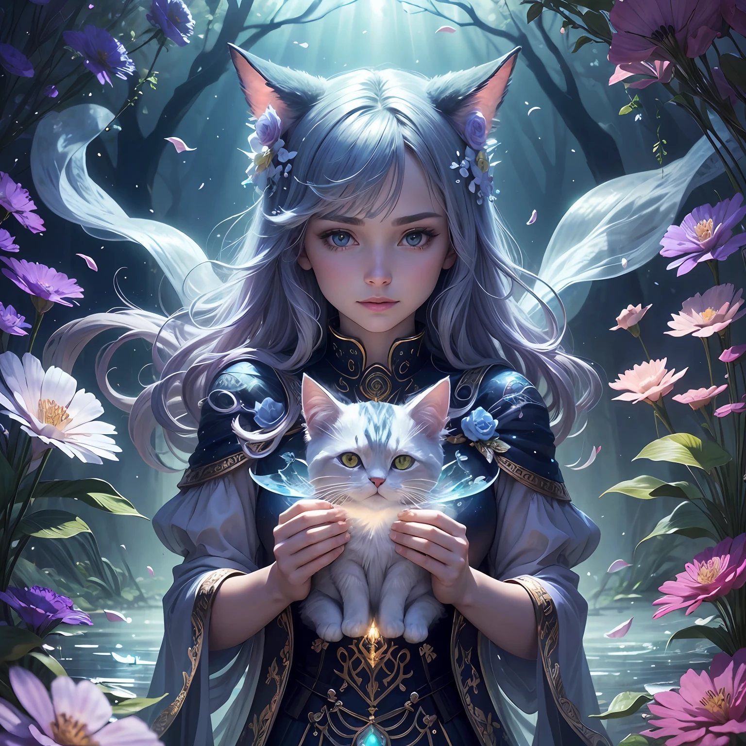 Cute cats are playing in this. wiccan altar, Crystal, Galaxy, Transparent, windblown flowers, Glitter, Sparkle, brilliant, Colorful, magical photography, Dramatic Lighting, Light background, realistic photo, super detailed, 4k, High resolution, super fine sharp, High quality, artistic, Unique, surrounded by aquatic plants made of mother - of - pearl with exquisite details. --auto --s2
