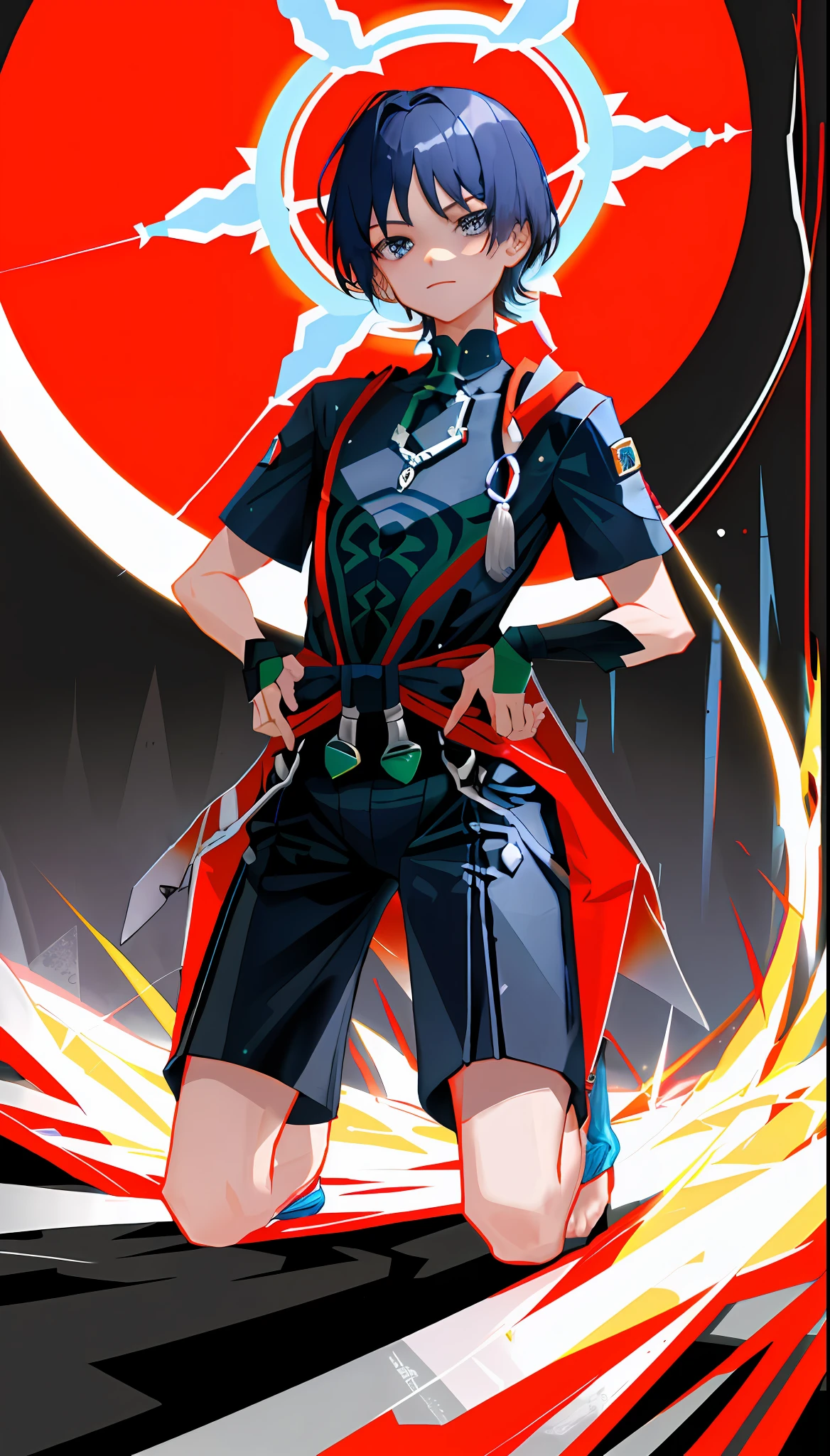 Wanderer, 1male, solo, (kneeling), (with his hands tied behind his back), (in a bodysuit), short_hair, solid color background, front, detailed face, detailed hair, detailed clothes, high res