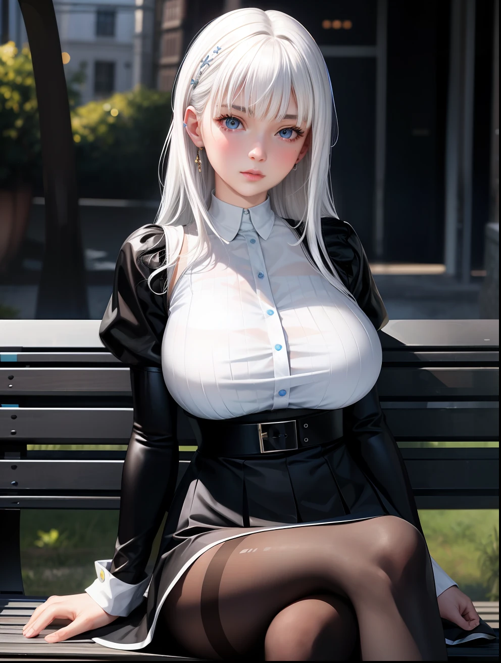 realistic, 1girl, white hair, bangs, blue eyes, big breasts, mini skirt, pantyhose, gorgeous body, black top, black skirt, white panties, sitting on a bench, crossed legs