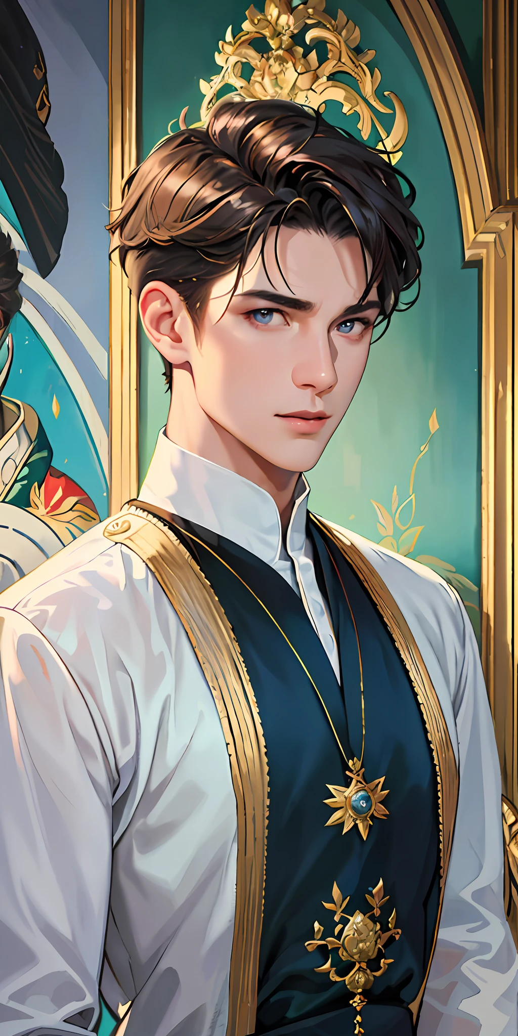 Best image quality, 4k, masterpiece, male, short hair, handsome mature gentle and handsome, godly eyes, exquisite hair, sharp eyes when looking at the camera, face focus, delicate facial features, artistic lighting, portrait painting, face magnification, [elegant demeanor, dignified atmosphere and excellent posture that captures the sight + handsome face + portrait painting effect].