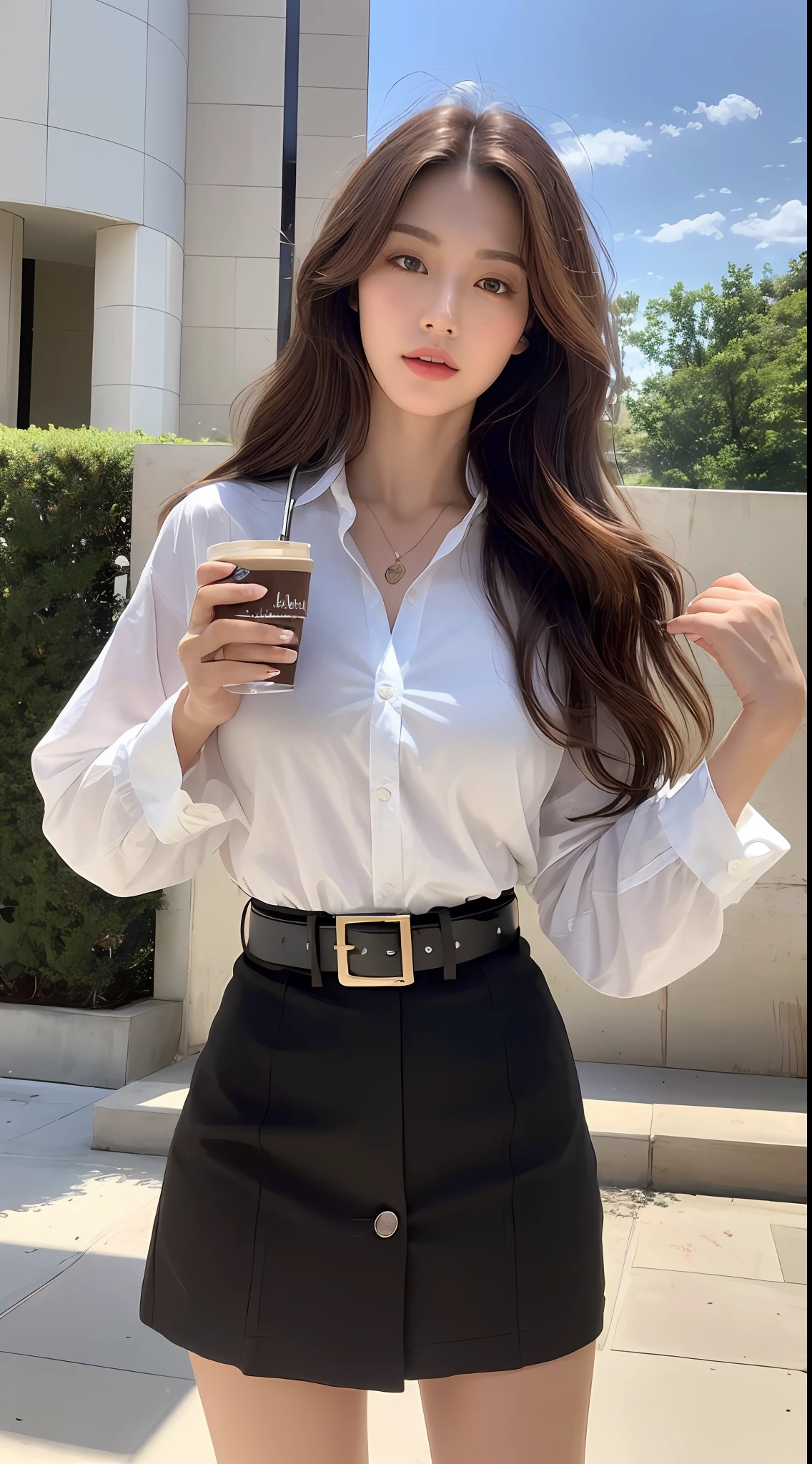 (Best quality, High resolution, Masterpiece :1.3), A tall and pretty woman, Slender abs, Dark brown hair styled in loose waves, Breasts, Wearing pendant, White button up shirt, Belt, Black skirt, (Modern architecture in background), Details exquisitely rendered in the face and skin texture, Detailed eyes, Double eyelid, drink a cup of coffee