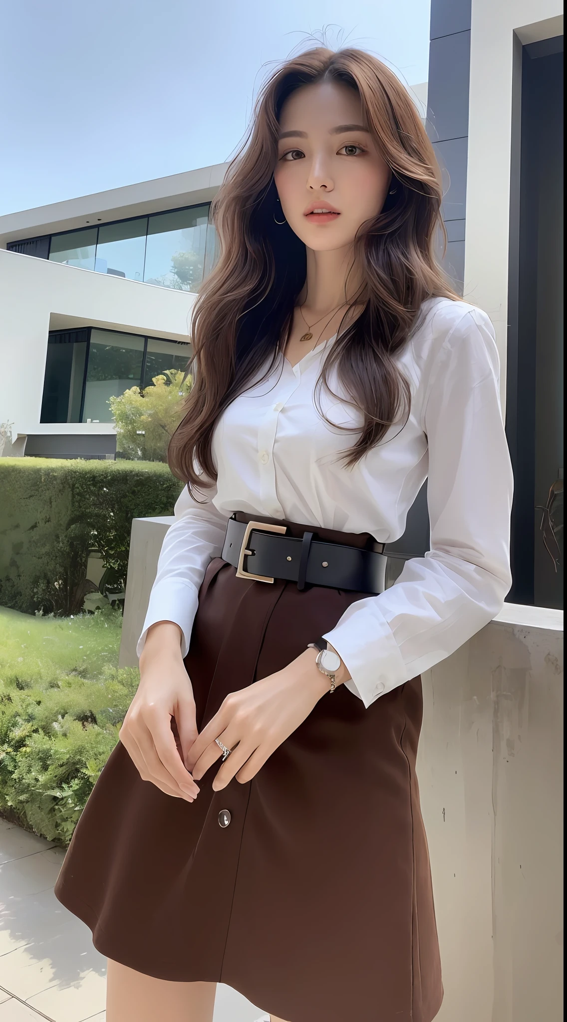 (Best quality, High resolution, Masterpiece :1.3), A tall and pretty woman, Slender abs, Dark brown hair styled in loose waves, Breasts, Wearing pendant, White button up shirt, Belt, Black skirt, (Modern architecture in background), Details exquisitely rendered in the face and skin texture, Detailed eyes, Double eyelid, drink a cup of coffee