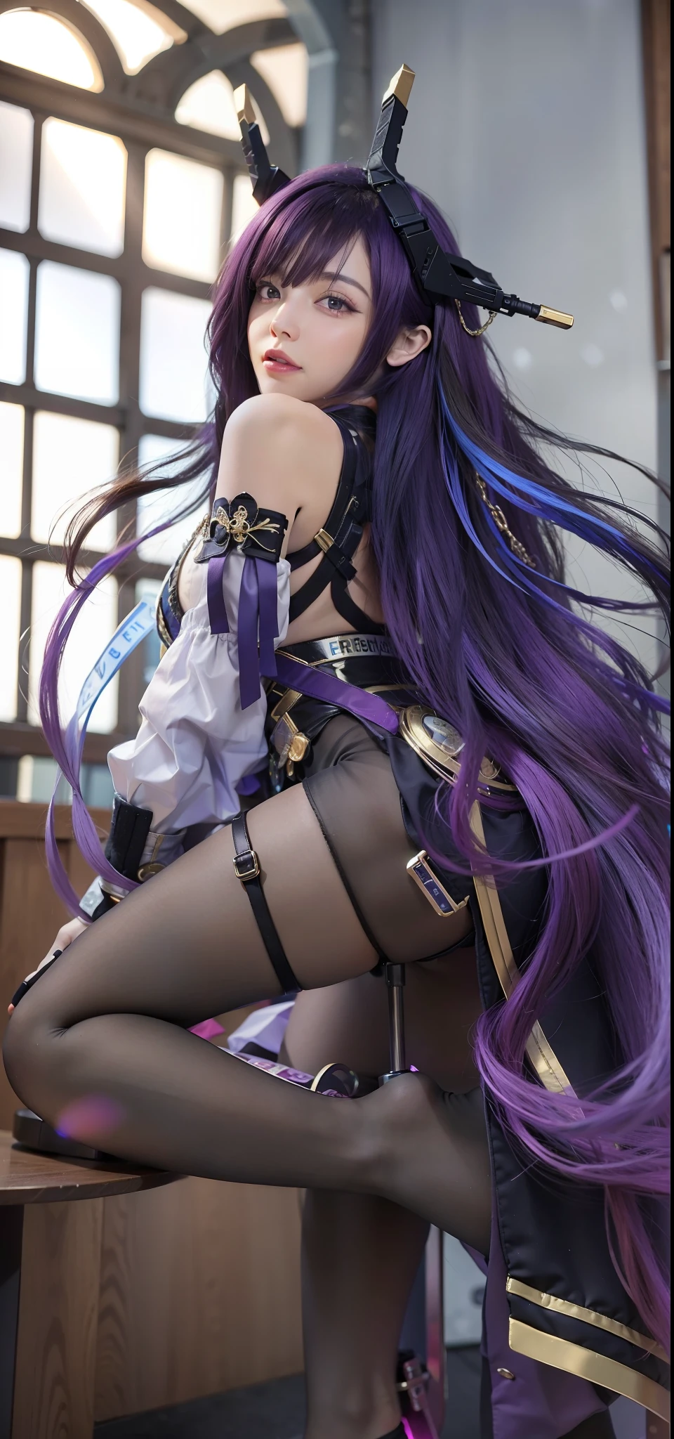 masterpiece, best quality, 1girl portrait, ultra realistic, ray tracing, purple hair, black eye, 8k