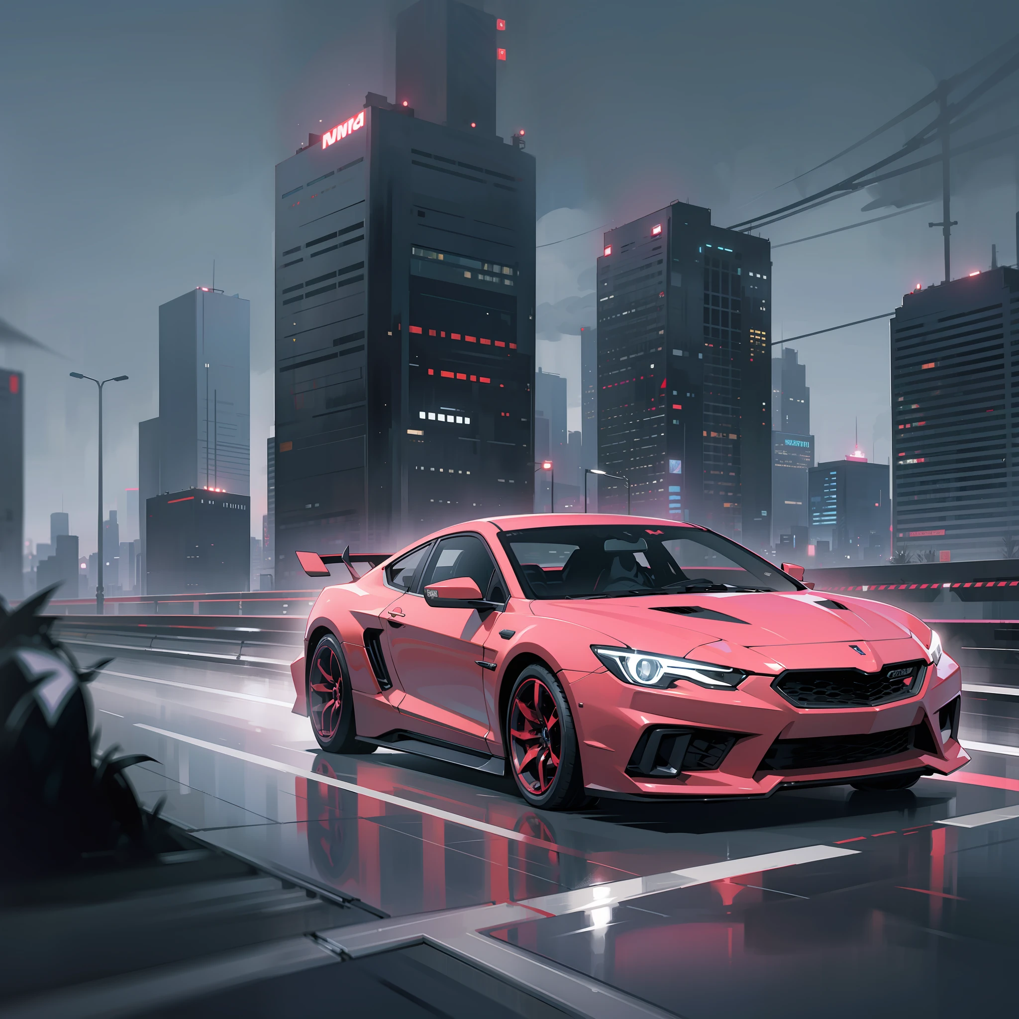 Cyberpunk style, dark night, city highway, car driving at high speed, empty surroundings, black sky, strong contrasting environment, fast car speeding in traffic.