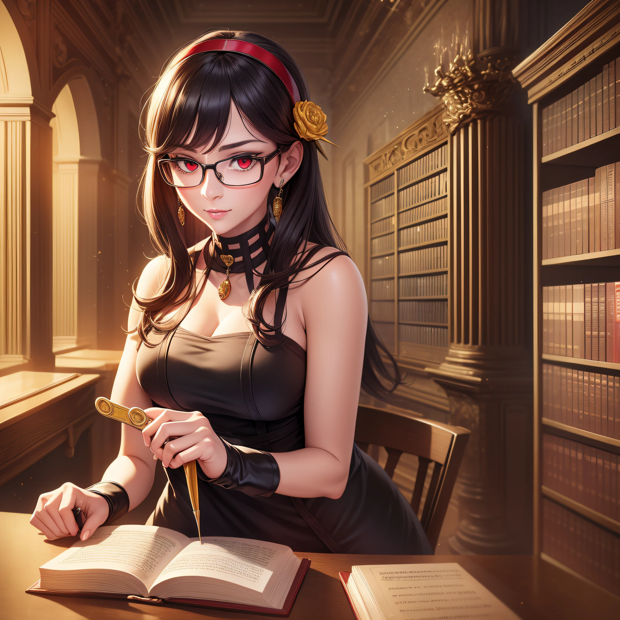 (4K), (best quality), (Best details), (ultra realistic), Yor Forger, red eyes, librarian, library, holding a long yellow ruler, librarian outfit, glasses, beautiful.