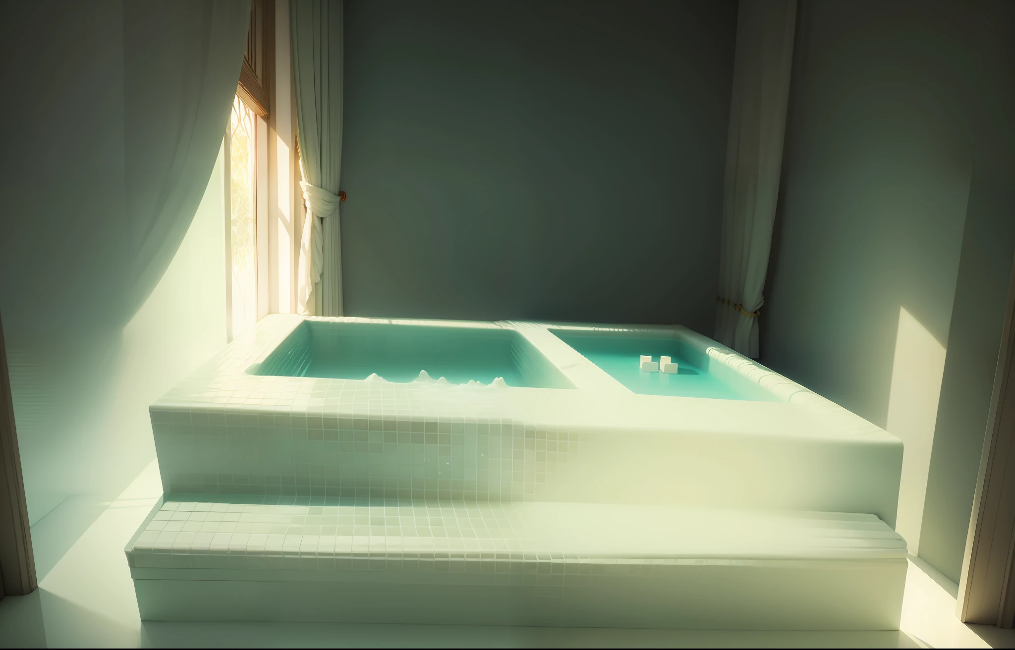 Tip: A pale green bubble pool is placed on the floor of the bathroom, the floor is marble, the background has various bathroom decorations, exquisite room, more details, flowing curtains, sunlight obliquely into the room, three-dimensional vivid, the illustration is a high-definition illustration in 4K resolution, with highly detailed features and visuals.