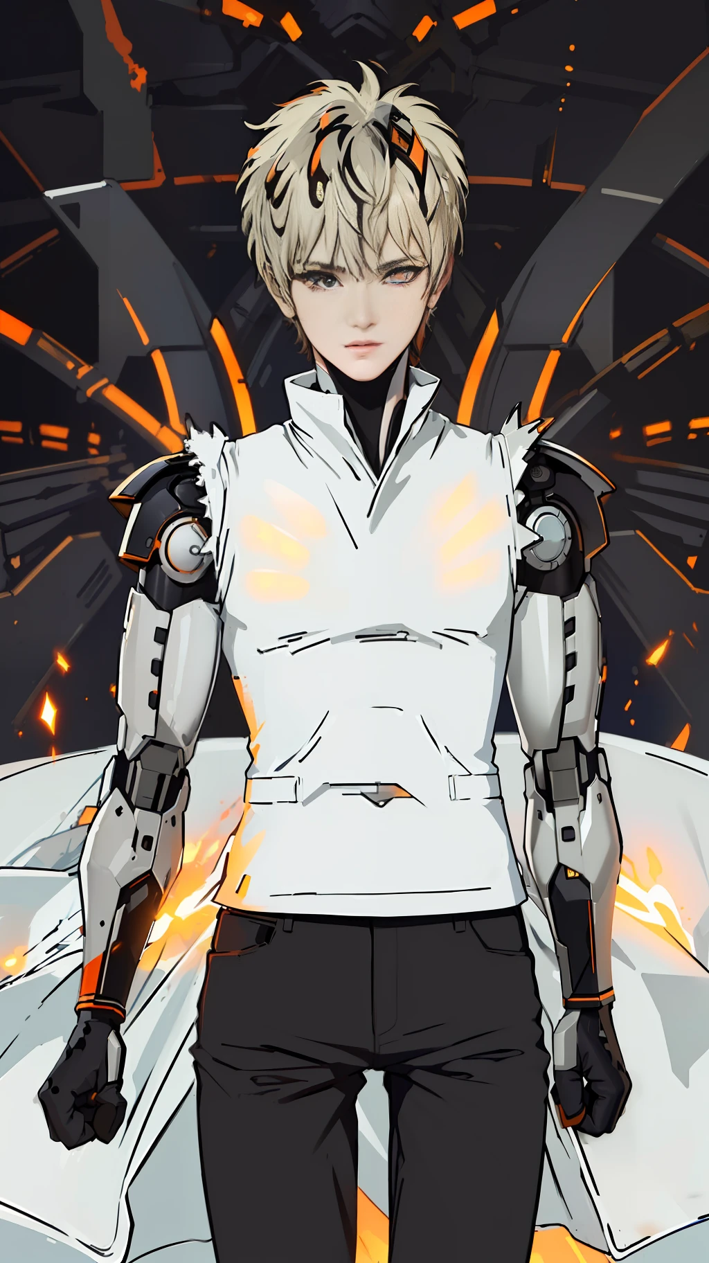 (((masterpiece))),(((bestquality))),((ultra-detailed)),(illustration),((anextremelydelicateandbeautiful)),dynamicangle,floating,(beautifuldetailedeyes),(detailedlight), (masterpiece, best quality:1.4), colorful, high contrast, genos, white shirt, black pants, mechanical arms, glowing, fighting stance, solo, orange glowing eyes