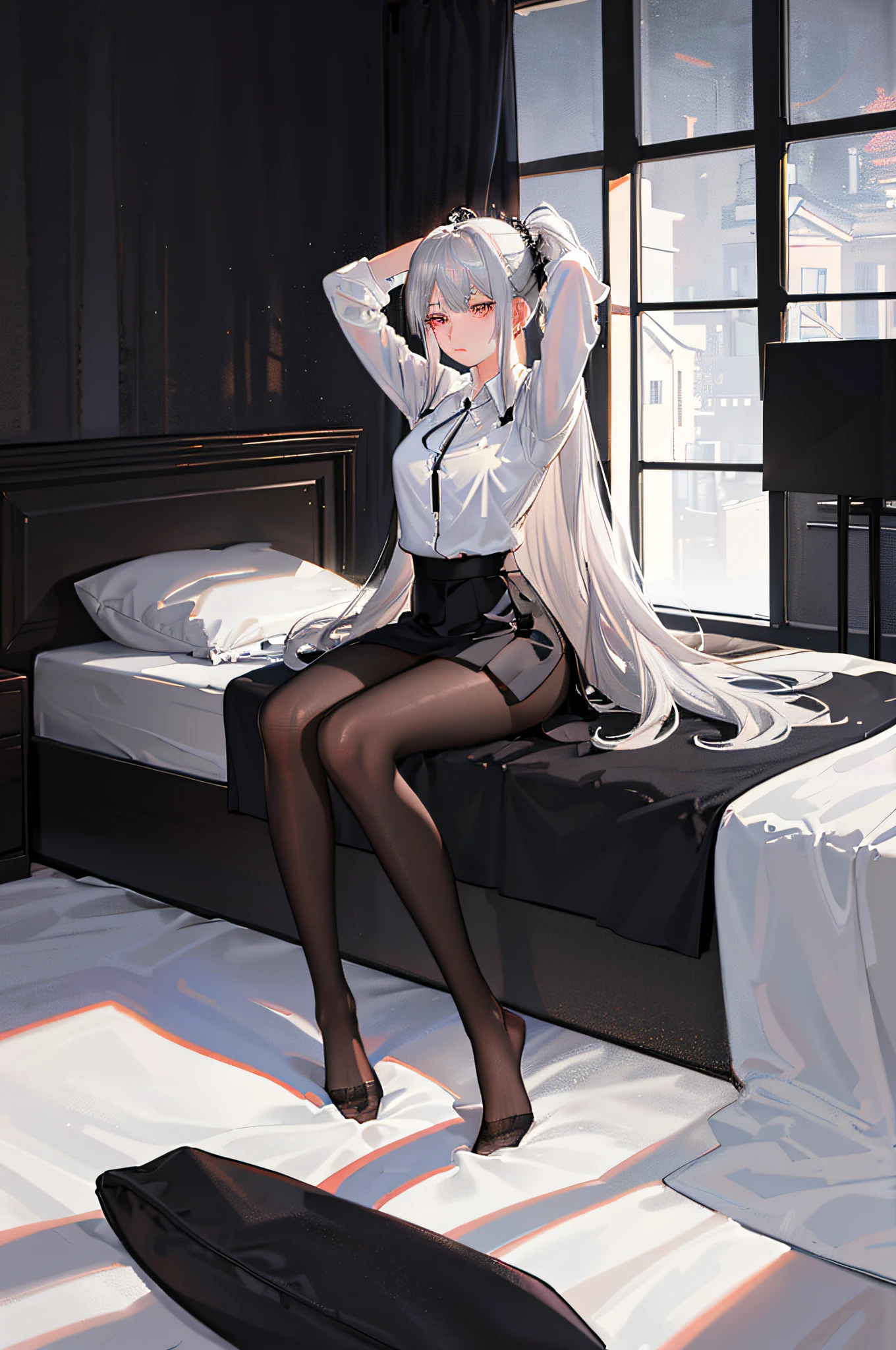 (((1 girl)),ray tracing,(dim lighting),[detailed background (bedroom)),((silver hair)),((silver hair)),(Fluffy silver hair, plump and slender girl))) with high ponytail))) Avoid golden eyes in the ominous bedroom ((((Girl wears a white shirt, black wrinkled skirt with black transparent pantyhose), showing a delicate slim figure and graceful curves, correct limbs, sitting on the bed with hands behind her head, Put both hands behind your head