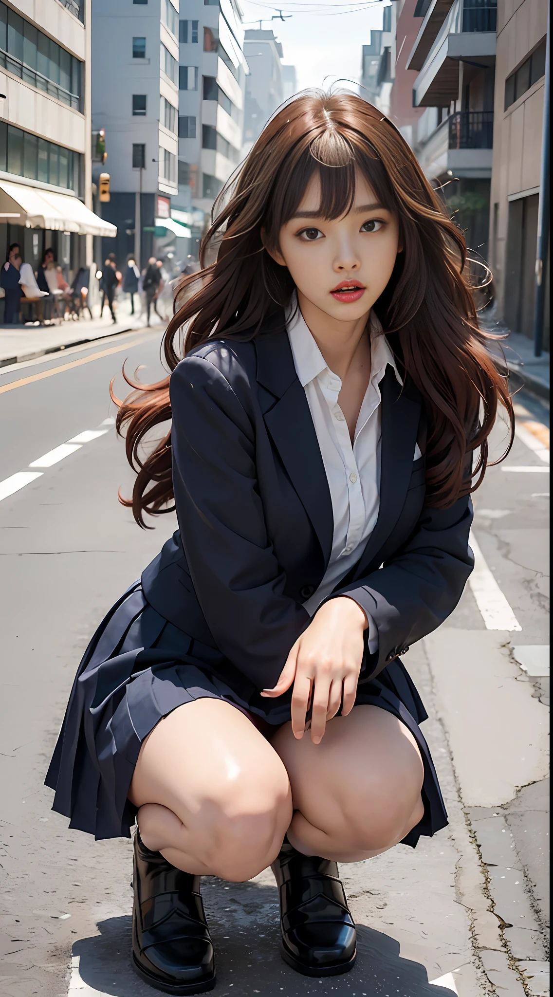 (Top Quality, Masterpiece: 1.2), (One Girl: 2), Japan High School, (Navy Blue Sailor Suit, Navy Blue Long Length Pleated Skirt: 2), (Half Squat, Open Legs: 2), (Perfect Legs: 1.2), Behind the School Building, (Furious, Wide Open Mouth: 1.2), Facing Front, (Defective: 1), (Bright brown-red hair, bangs, long curly hair), (Aura rising behind it, menacing), ( Black Loafers, Black Stockings: 1.2), (Very Heavy Makeup: 1.2), Big, Beauty, (Perfect Angry Face, Perfect Body, Perfect Outfit, Perfect Anatomy: 1.5), (Photorealistic: 1.3), NFSW, Ultra Detailed, (High Detail Skin: 1.2), (High Detail Skin: 1.2), (Best Quality: 1.0), (Ultra High Definition: 1.0), (ULZZANG-6500: 0.3), Cigarette Butts, Garbage