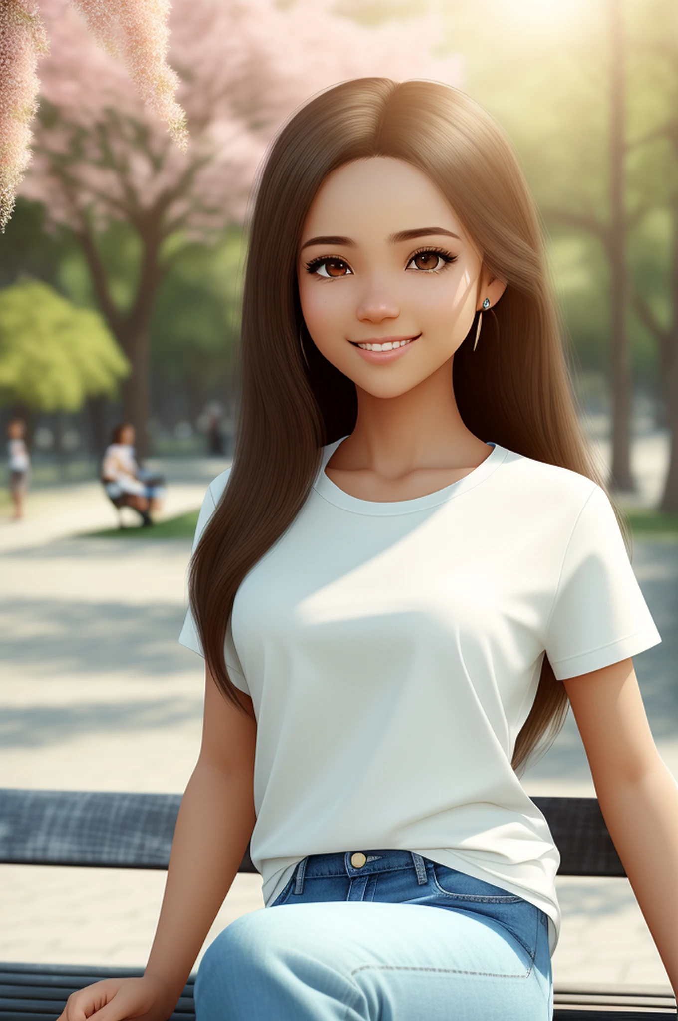 realistic portrait of cute 20-year-old Brazilian girl ((light skin color)) drinking coffee, ((chibi)), cute smile, ((sitting on a park bench)), wearing white t-shirt and jeans, current fashion, long hair mega hair, ((straight)), backlighting,trees and flowers, close-up, product vision, detailed facial details, perfect face, sharpness, trend art, sharp facial details, cgsociety, ultra high quality digital art, hyper exquisite details, 4K, 8K soft lighting, dreamy --ISO 100, fashion -