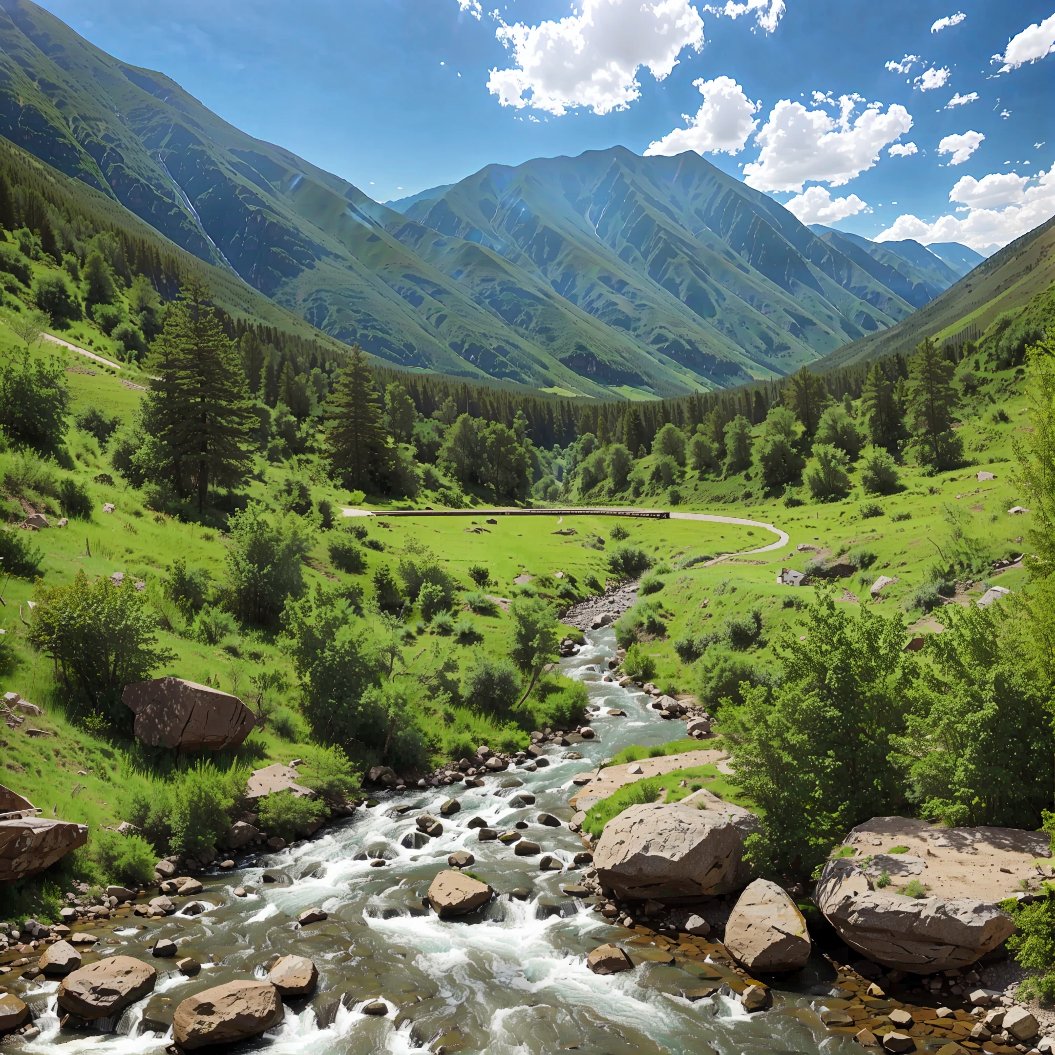 beautiful mountain Valley with a river running through it, —ar 16:9