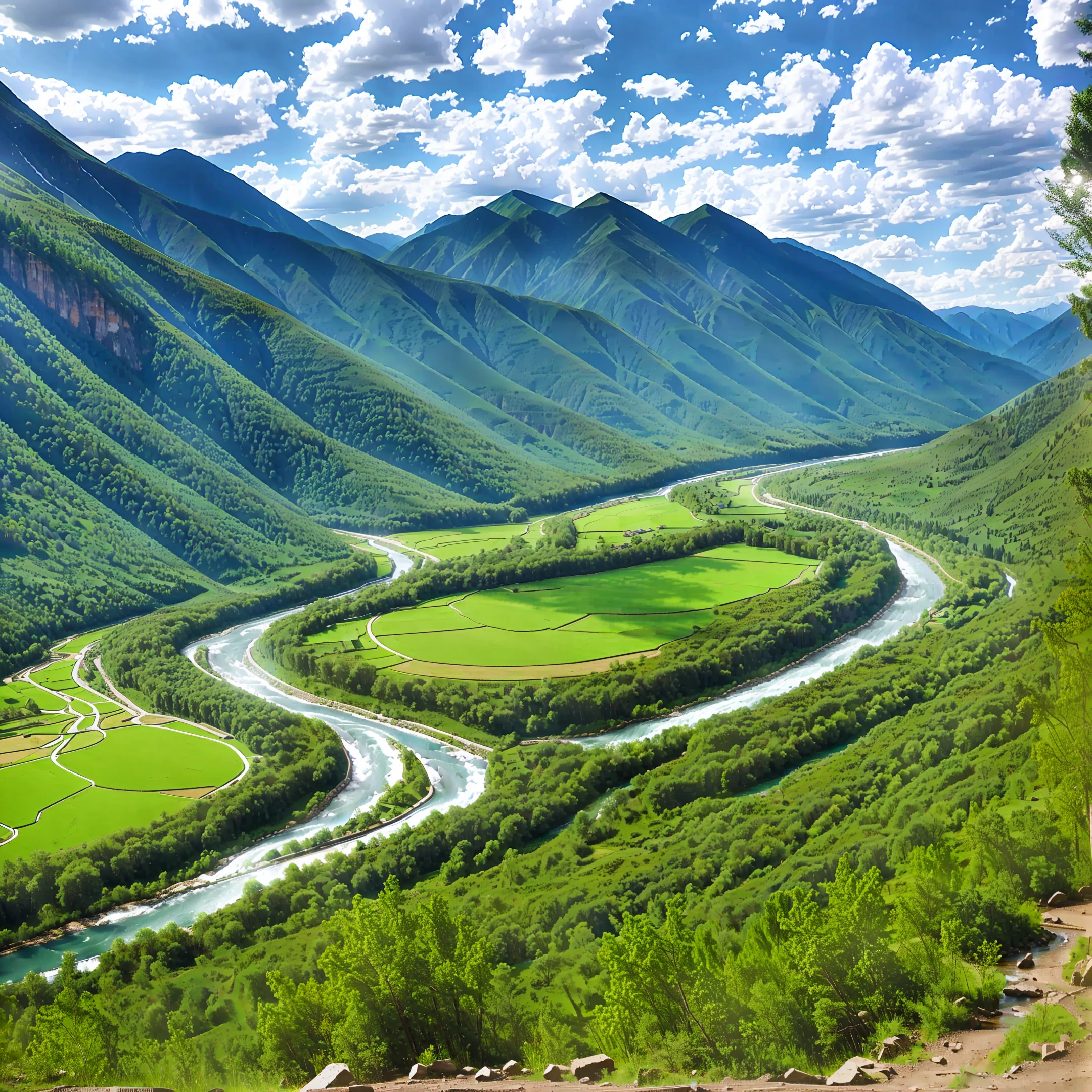 beautiful mountain Valley with a river running through it, —ar 16:9