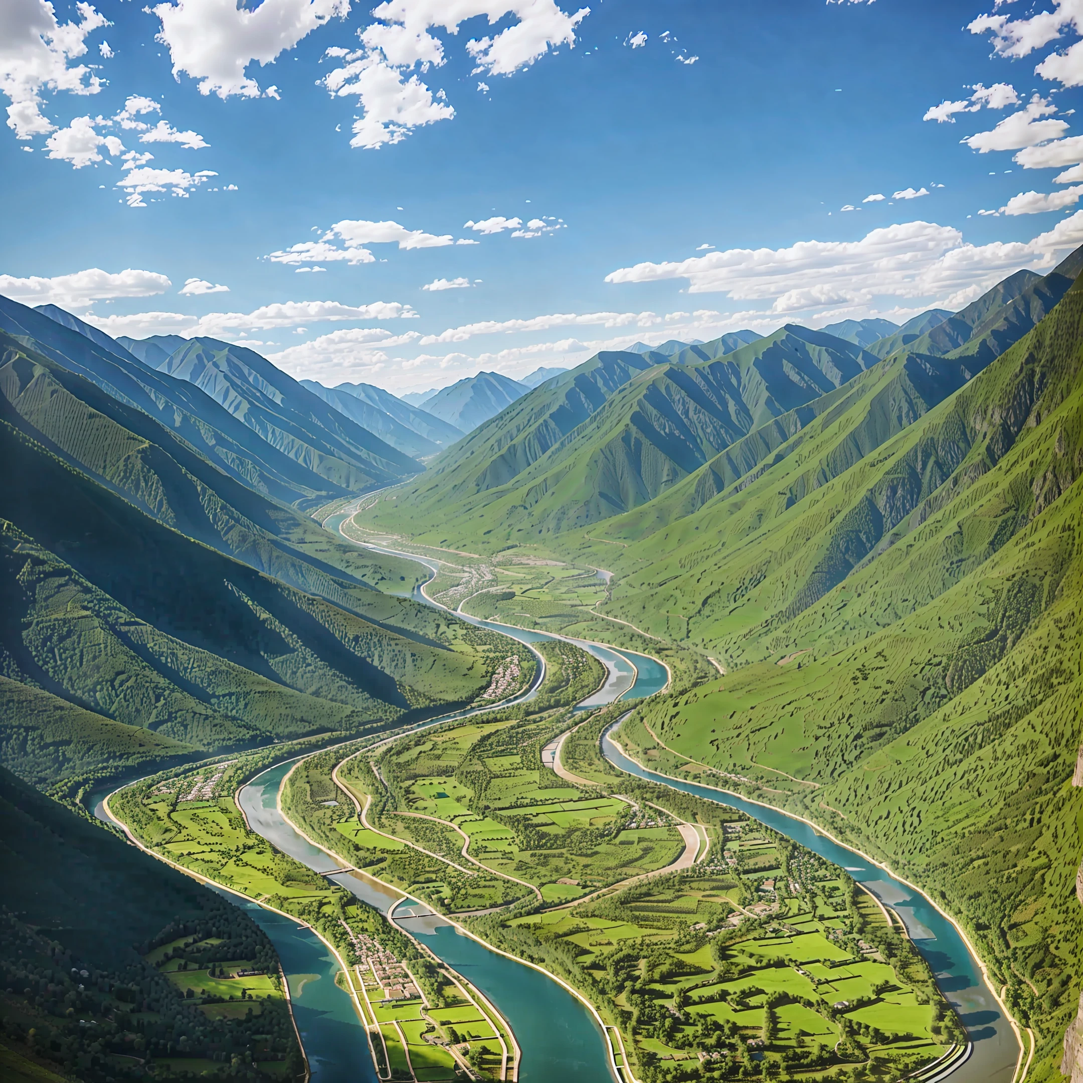 beautiful mountain Valley with a river running through it, —ar 16:9