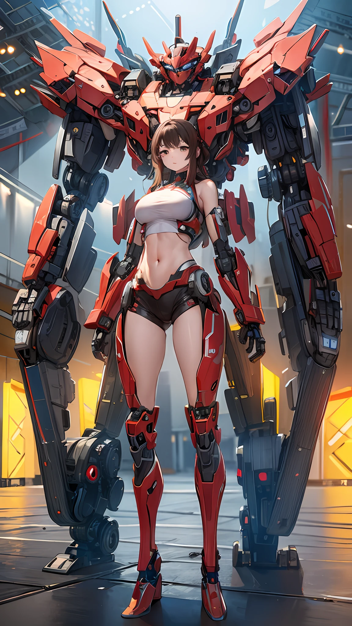 ((masterpiece, best quality)),illustration,ultra detailed 8k,photorealistic,sharp focus,highly detailed,professional lighting,colorful details,iridescent colors BREAK extreme long shot of a factory,large mechanical robot construction,microchip,computer,glowing,intricate details,shitu-mecha,1girl is standing in front of the audience,Navel