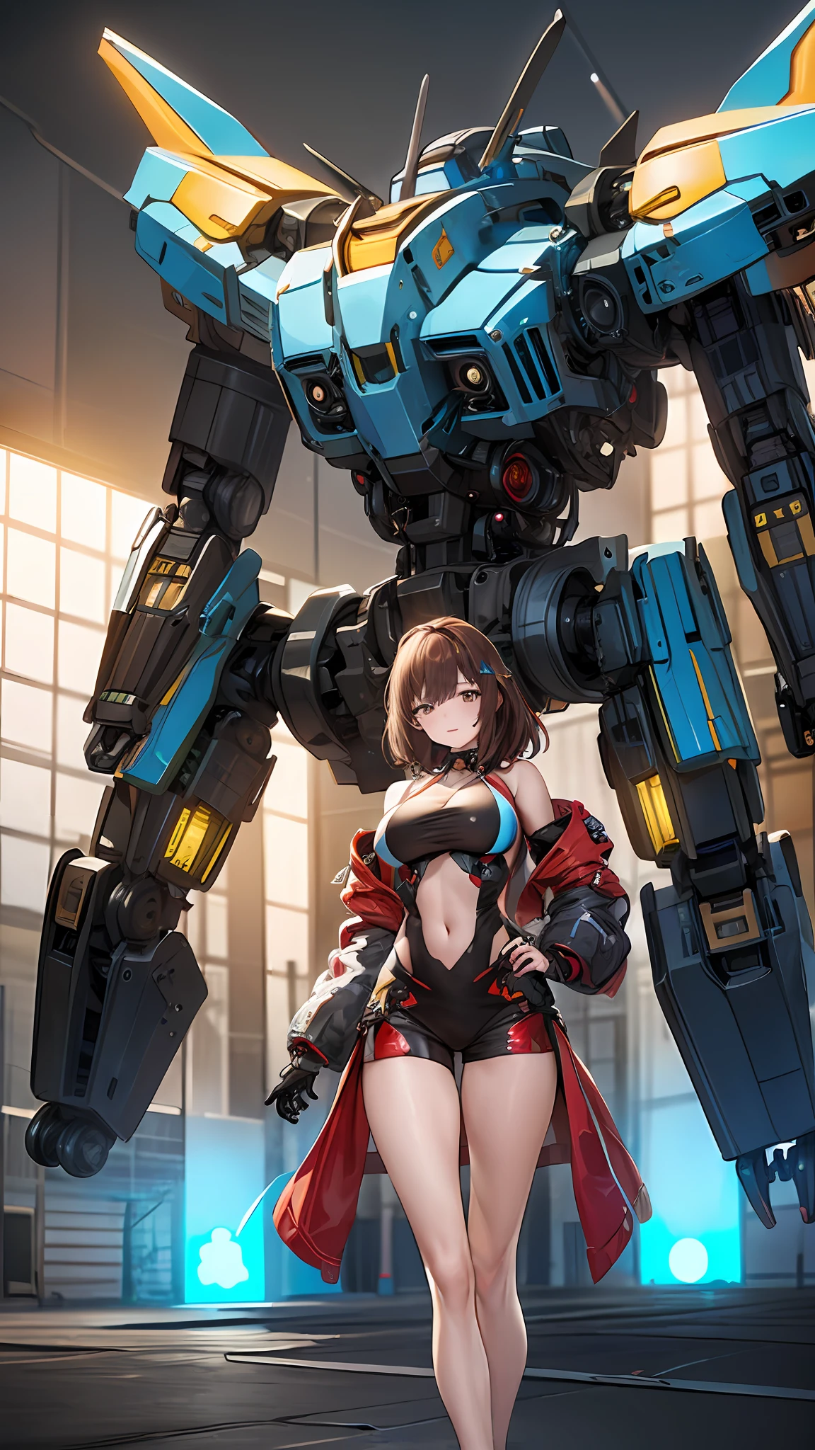 ((masterpiece, best quality)),illustration,ultra detailed 8k,photorealistic,sharp focus,highly detailed,professional lighting,colorful details,iridescent colors BREAK extreme long shot of a factory,large mechanical robot construction,microchip,computer,glowing,intricate details,shitu-mecha,1girl is standing in front of the audience,Navel
