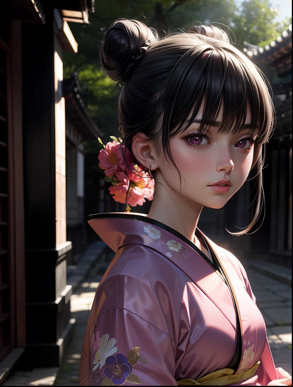 Superior Quality, Masterpiece, Ultra High Resolution, (Photorealistic: 1.4), Raw Photo, Deep Shadows, a girl, black hair, bangs, bun, pink kimono, pink eyes, walking, ancient japanese scenery, temple, sunlight