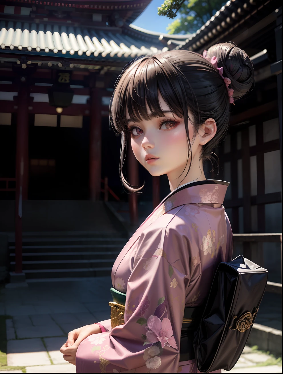 Superior Quality, Masterpiece, Ultra High Resolution, (Photorealistic: 1.4), Raw Photo, Deep Shadows, a girl, black hair, bangs, bun, pink kimono, pink eyes, walking, ancient japanese scenery, temple, sunlight