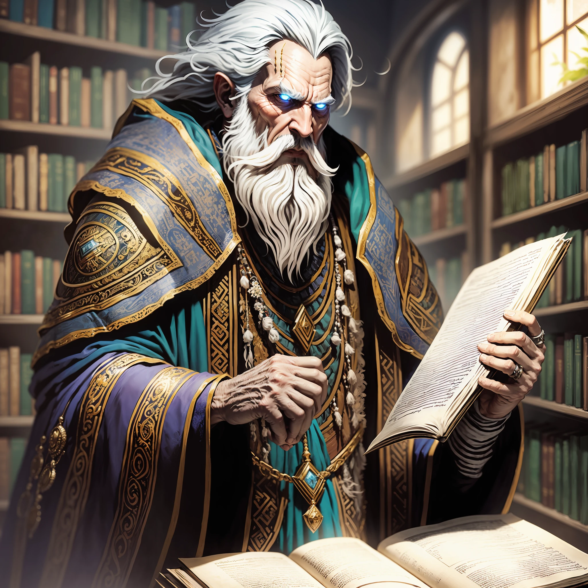 Intelectus is an elderly character with long white beards and a piercing gaze. He wears wise robes and carries with him an ancient book full of knowledge. Powers: Intelectus possesses a prodigious mind and an infallible memory, which allows him to absorb knowledge quickly and understand any subject. He also has the ability to project vivid illusions into your mind, creating detailed scenarios and characters. Setting: Intelectus lives in a magical library, a vast place filled with bookshelves full of ancient books and lost knowledge. The library is guarded by mystical guardians and can only be accessed by those worthy enough to seek wisdom. --auto --s2