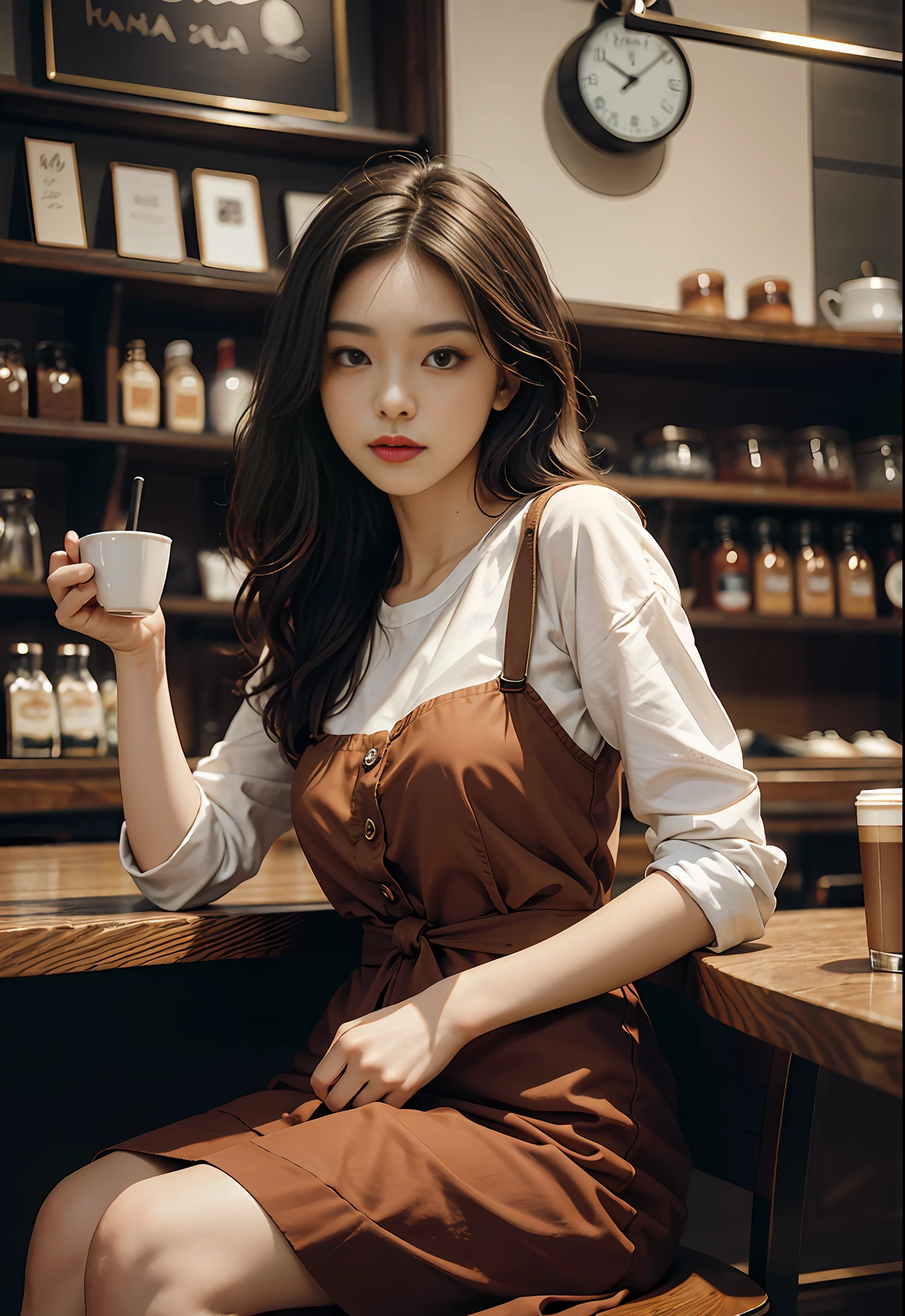 Best quality, masterpiece, super high resolution, (fidelity: 1.2), original photo, 1girl, waist up, in coffee shop, afternoon, sitting, drink a cup of coffee
