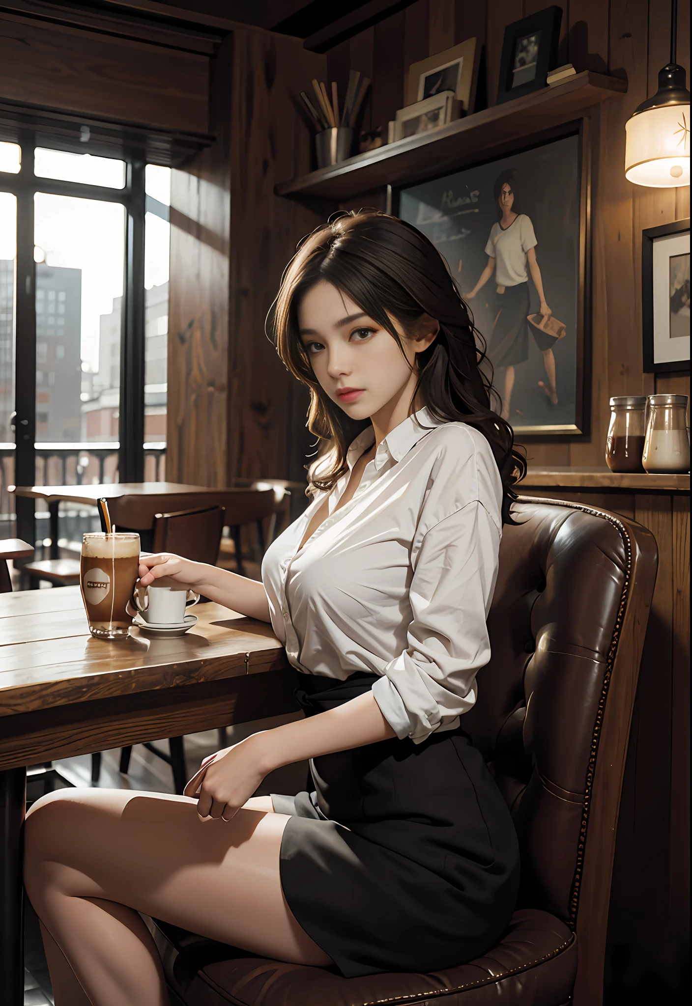 Best quality, masterpiece, super high resolution, (fidelity: 1.2), original photo, 1girl, waist up, in coffee shop, afternoon, sitting, drink a cup of coffee