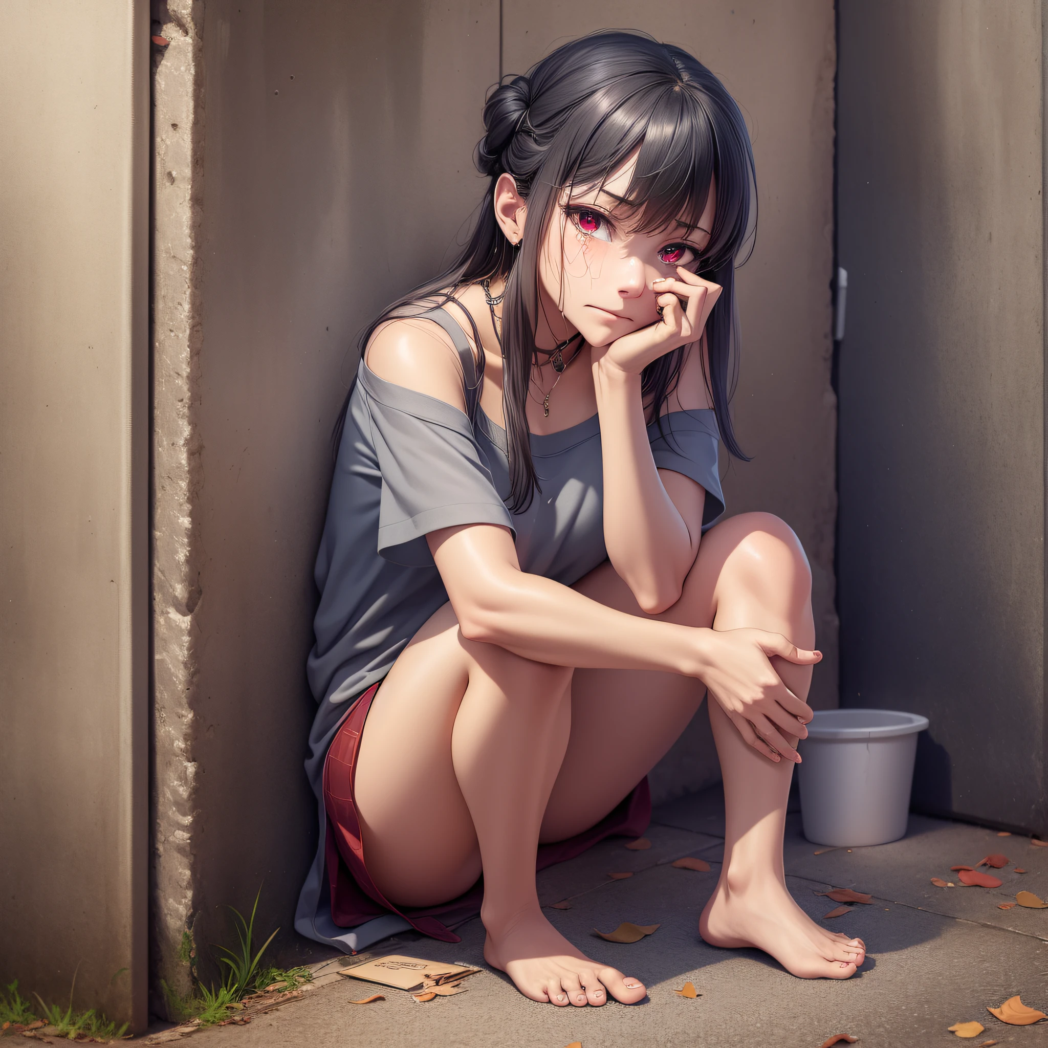 (4K), (best quality), (Best details), Yor Forger, beggar, gray torn shirt, beautiful, barefoot, crying, sadness, begging for money, no makeup, dirty body, red eyes, ashamed, standing with her hand outstretched, looking at viewer, standing next to a dumpster, sitting down.