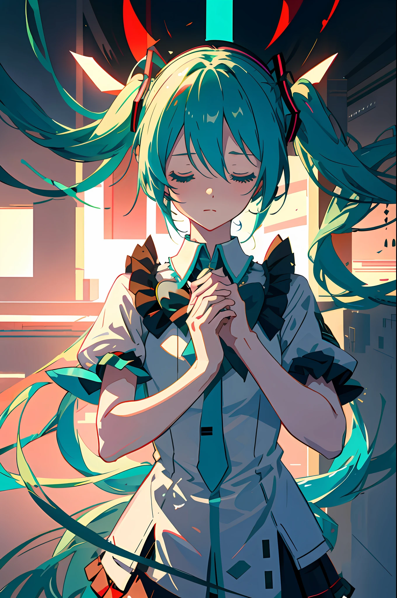 hatsune miku, masterpiece, absurdres, upper body, clenched hands, frustrated, closed eyes, simple background, egasumi,