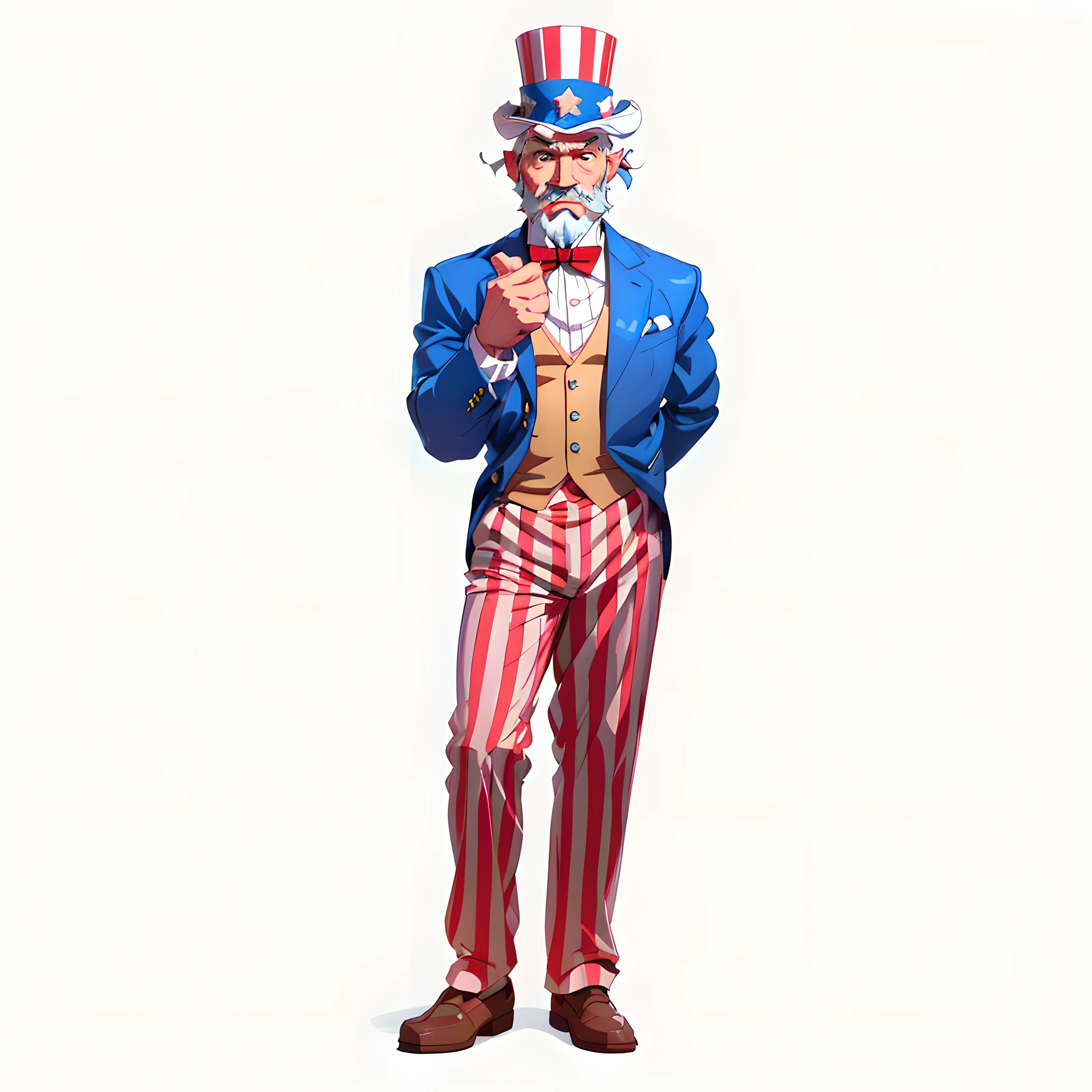 (white background) (8k, original, photo, best quality, masterpiece), (radiosity, physically based rendering, auto white balance), cartoon, 2D, unity, official art, amazing, fine details, extremely delicate beauty, very detailed, uncle sam, hat with star texture, fingers pointing forward, american style, white shirt, blue suit, red and white striped pants, disney style, red bow, ghibli-like color, anime style, white beard on chin, smooth beard, clean beard, 5 fingers,