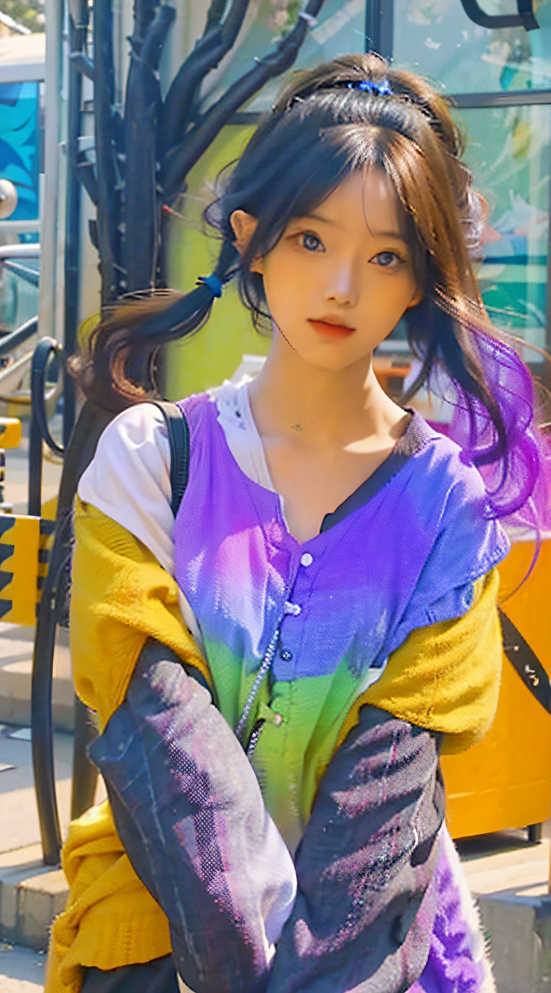 gradient hair, one side up, butterfly hair ornament, multicolored eyes, long pointy ears, pout, 1.2, high detail, chiaroscuro, Canon, first-person view, 0.75, UHD, high details, highres, best quality, 1.25
