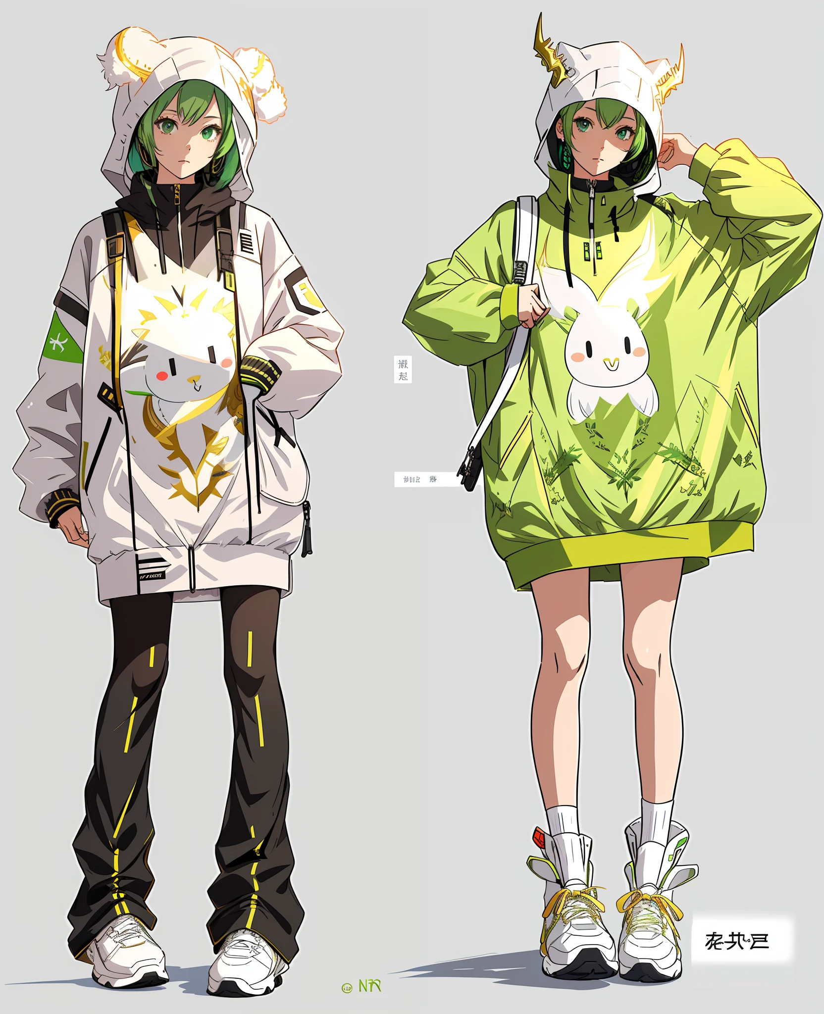 girl, vertical painting, natural light, global light, front view, fashion, gold dragon pattern, pattern, clothing, headset, zipper, ons, pattern, logo, pleats, belt, sophisticated, generate more details, light green hair, dark green vest, light green t-shirt, black shorts, sneakers, black backpack, modern, anime style, anime, modern, futuristic, first-person perspective, panorama, concept art, uhd, masterpiece, ccurate, textured skin, super detail, high detail, high quality, Best quality, high resolution, no background, white background