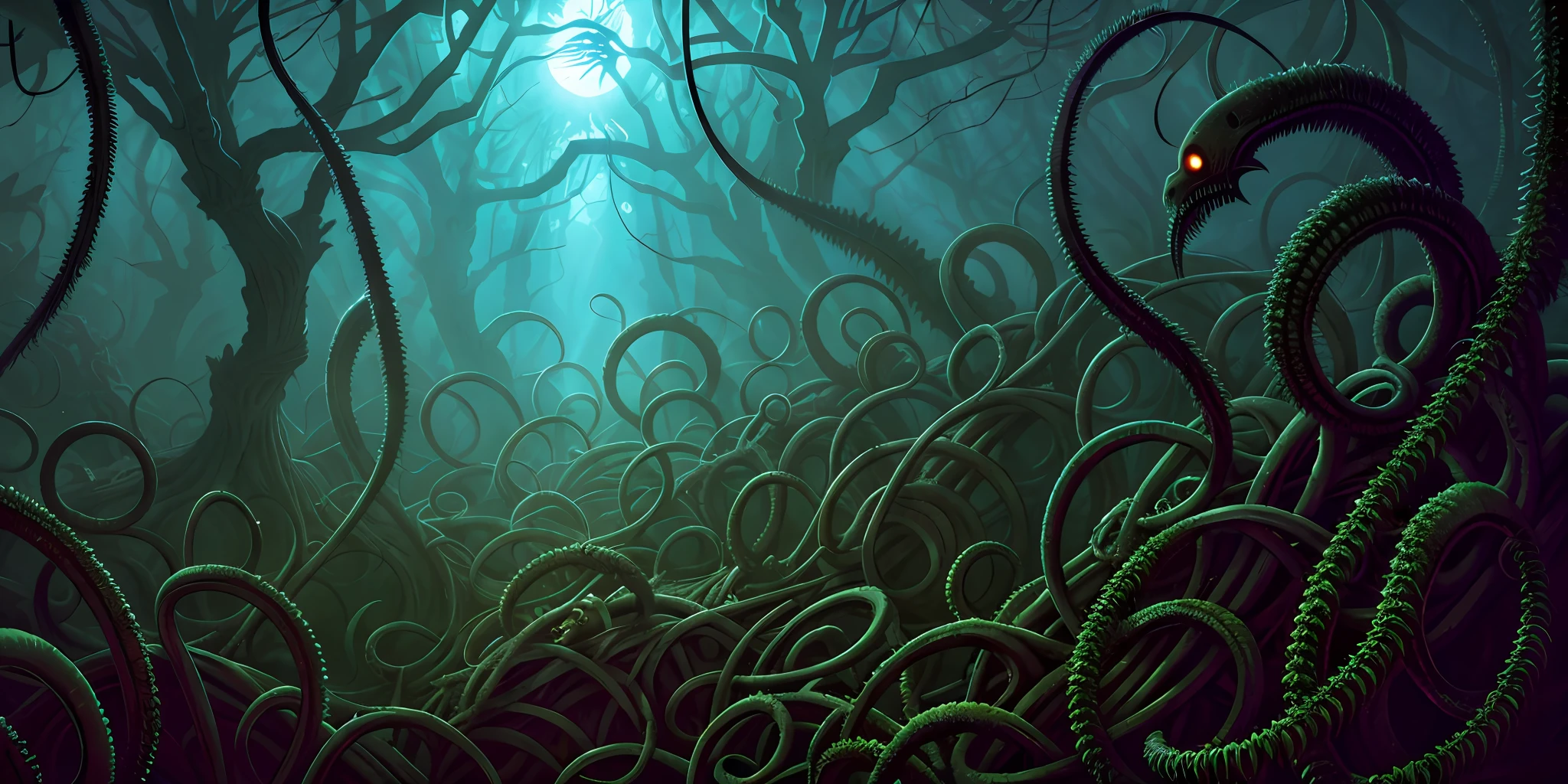Art by HR Giger and Beksinski come together in this detailed, grim, and dark terror scene. The sharp image, rendered in 8K resolution with a rim light, showcases a horrific environment filled with Lovecraftian tentacles writhing and pulsating in neon hues. The HDR lighting creates intricate and detailed shadows against the background of twisted, mutated human forms. As the glitch and distortion effects warp the very fabric of the environment, surreal and dreamlike elements such as floating upside-down structures and decaying flesh close-ups create an unsettling and disorienting feel. The religious and occult symbols scattered throughout the intricate background add a sense of supernatural horror to this already insane and gruesome masterpiece.