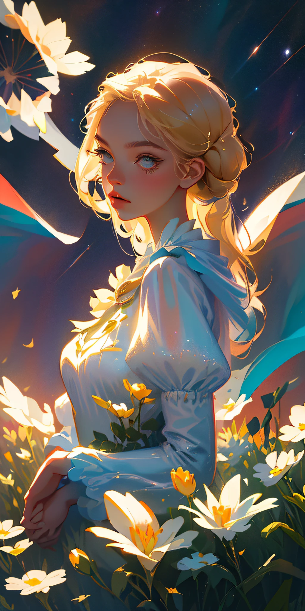 (Best Quality, Masterpiece), 1girl, Pose, Particle, Wind, Flower, Upper Body, Simple Background, Looking at the Viewer, Blonde, Milky Way, Aesthetic