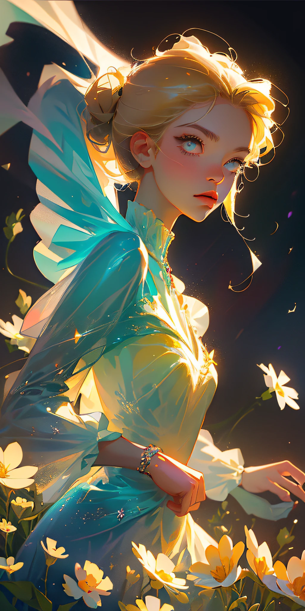 (Best Quality, Masterpiece), 1girl, Pose, Particle, Wind, Flower, Upper Body, Simple Background, Looking at the Viewer, Blonde, Milky Way, Aesthetic