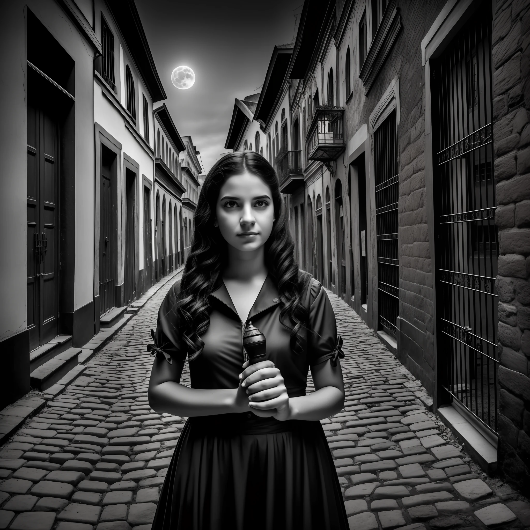 Imagine a dark and sinister night in the historic district of São José, in Recife. The full moon shines brightly in the sky, casting a pale light on the weathered cobblestones. In the center of the scene, young Isabela, a student of history, appears boldly, holding a faint LED flashlight that lights her way. Behind Isabela, the old, decaying buildings rise, their worn facades telling stories of centuries past. Empty windows, framed by twisted vines, seem to watch with invisible eyes.