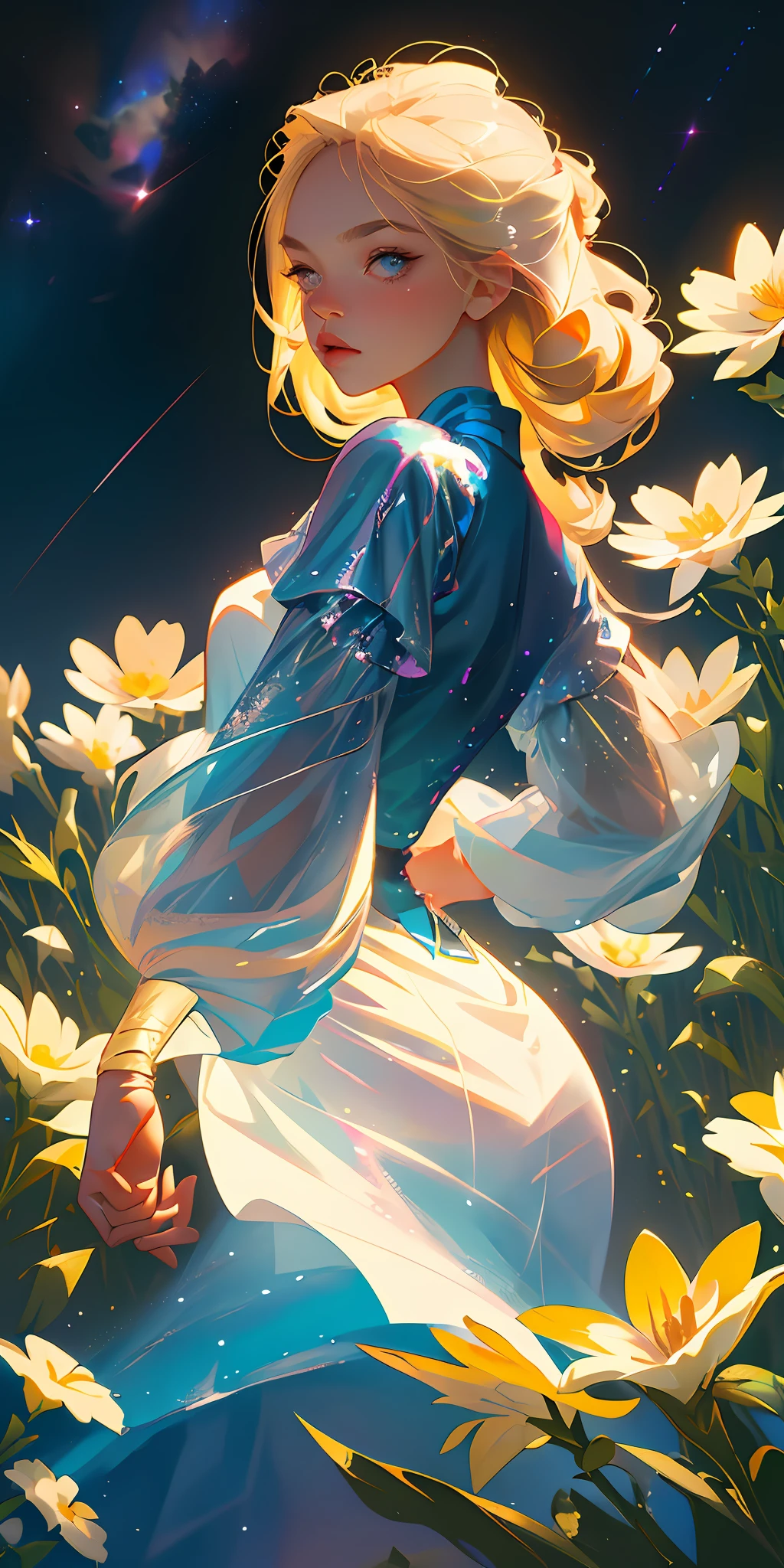 (Best Quality, Masterpiece), 1girl, Pose, Particle, Wind, Flower, Upper Body, Simple Background, Looking at the Viewer, Blonde, Milky Way, Aesthetic