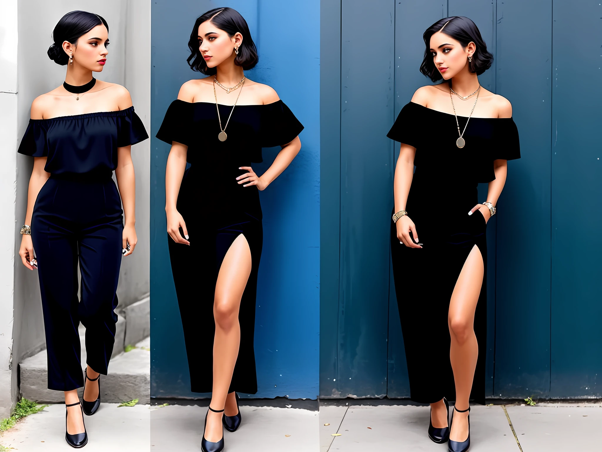 Top: black off-the-shoulder jumpsuit;
Shoes: dark blue loafers;
Nightclub;
Year: 1920;
Background: nightclub;