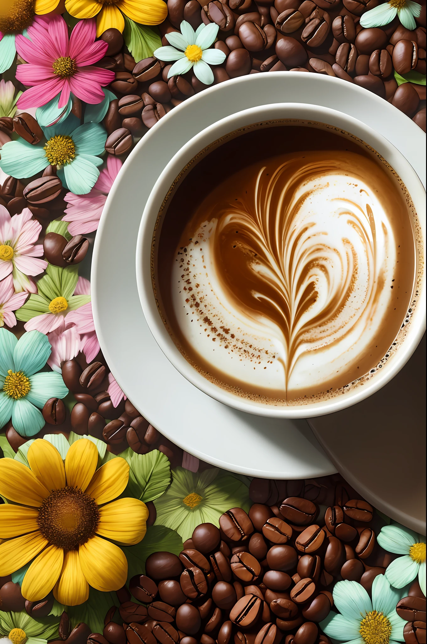 a hot cup of coffee with a variety of colorful flowers on the side and coffee beans, digital art, promotional art, , trending on artstation, sharp focus, studio photo, intricate details, highly detailed, by greg rutkowski --auto --s2
