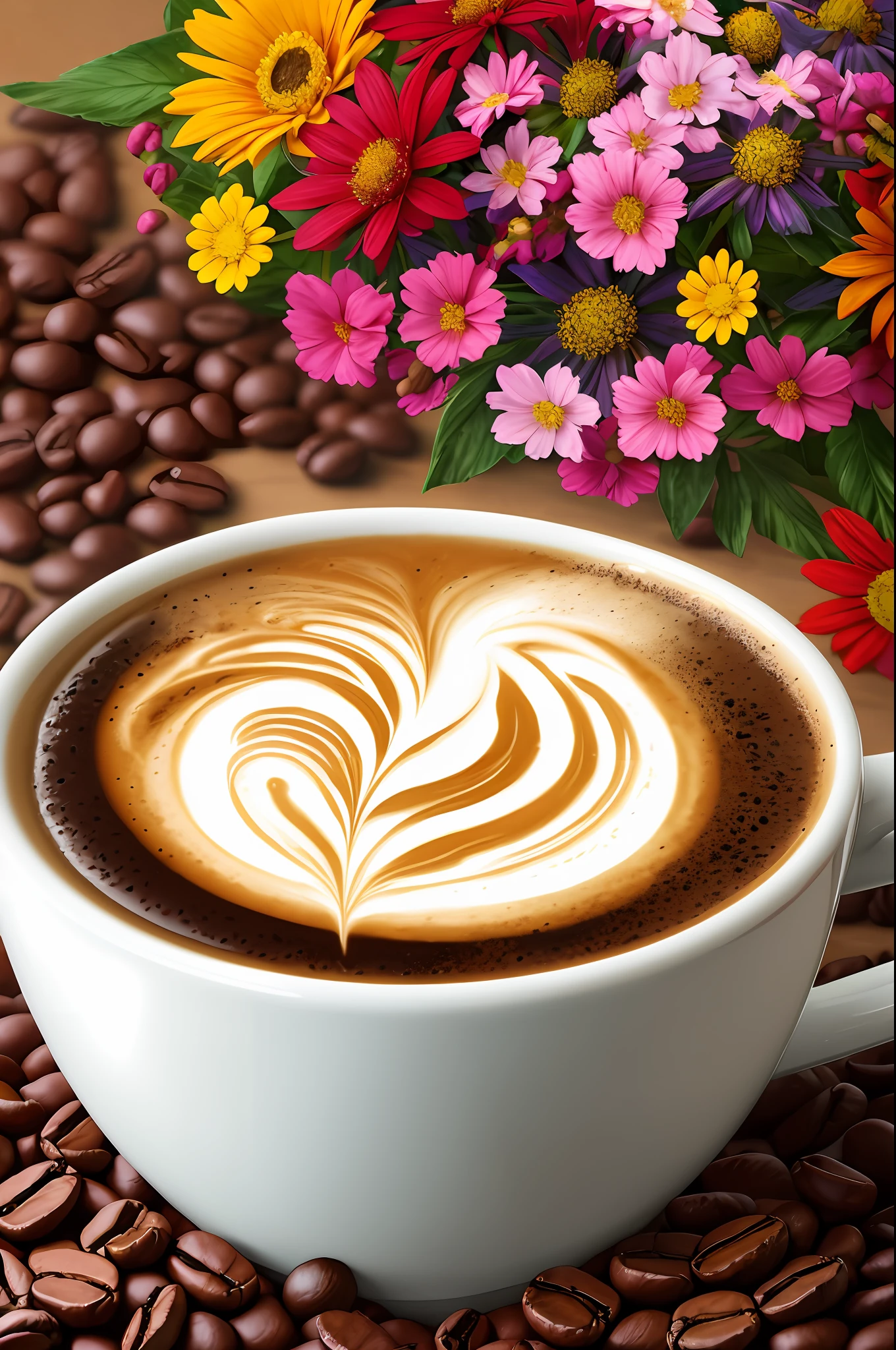 a hot cup of coffee with a variety of colorful flowers on the side and coffee beans, digital art, promotional art, , trending on artstation, sharp focus, studio photo, intricate details, highly detailed, by greg rutkowski --auto --s2