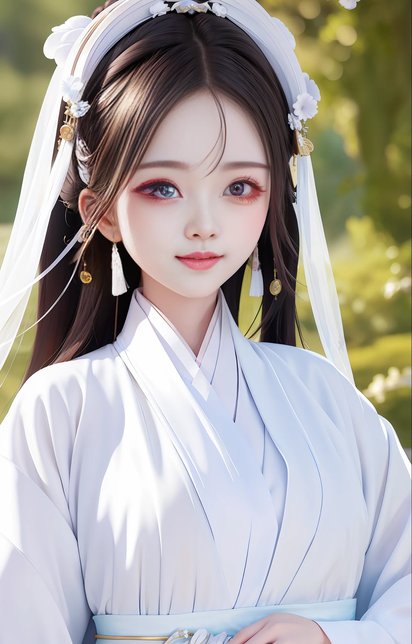 White robe, Hanfu long skirt, big eyes, masterpiece absolute beauty, 1 woman, close-up. Close-up, healing smiles