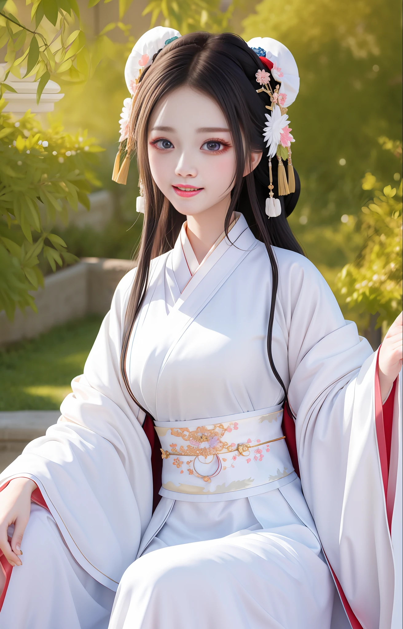 White robe, Hanfu long skirt, big eyes, masterpiece absolute beauty, 1 woman, close-up. Close-up, healing smiles
