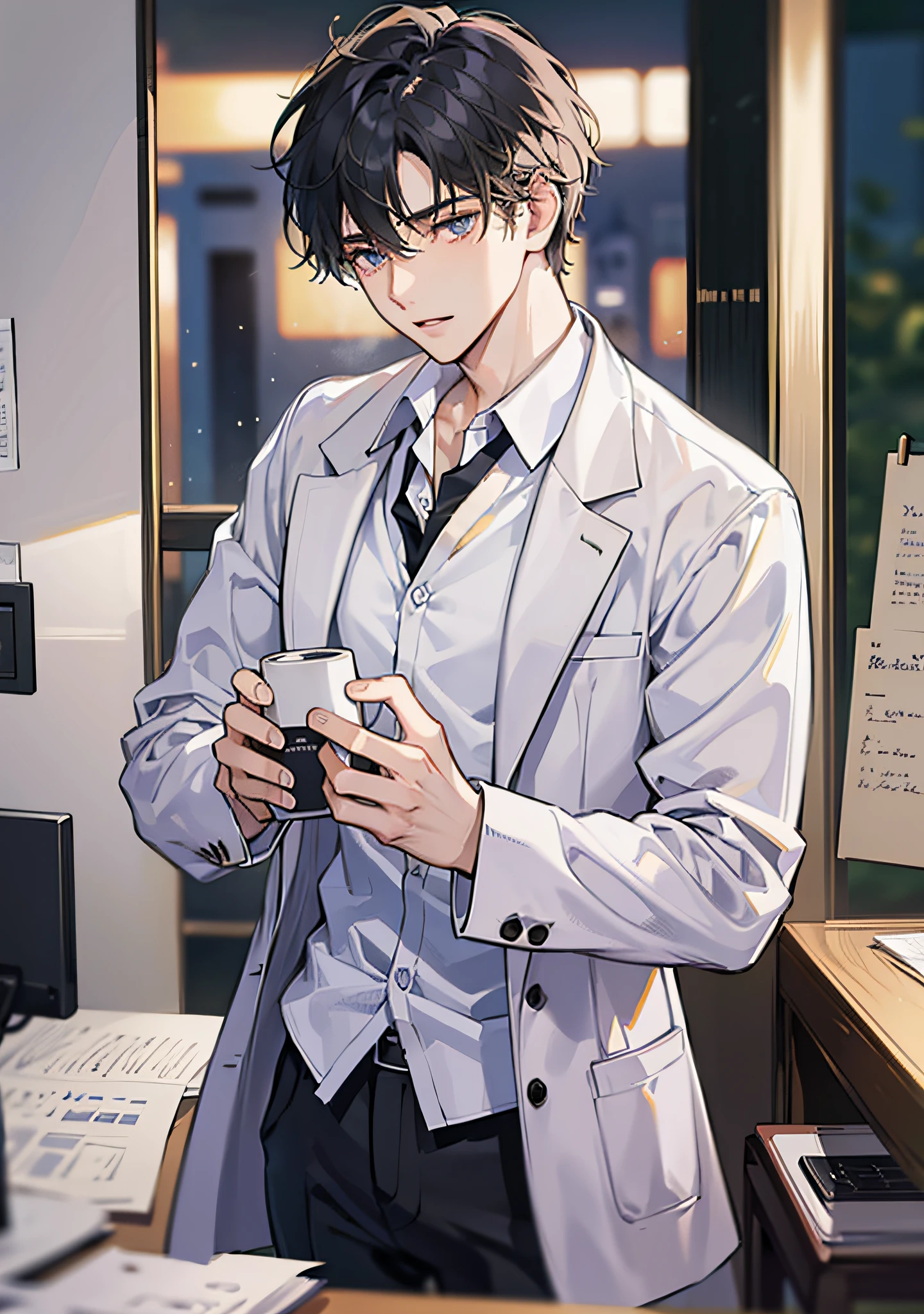 The man, a scientist with rich academic achievements, is mature and steady. White shirt, business style, tall