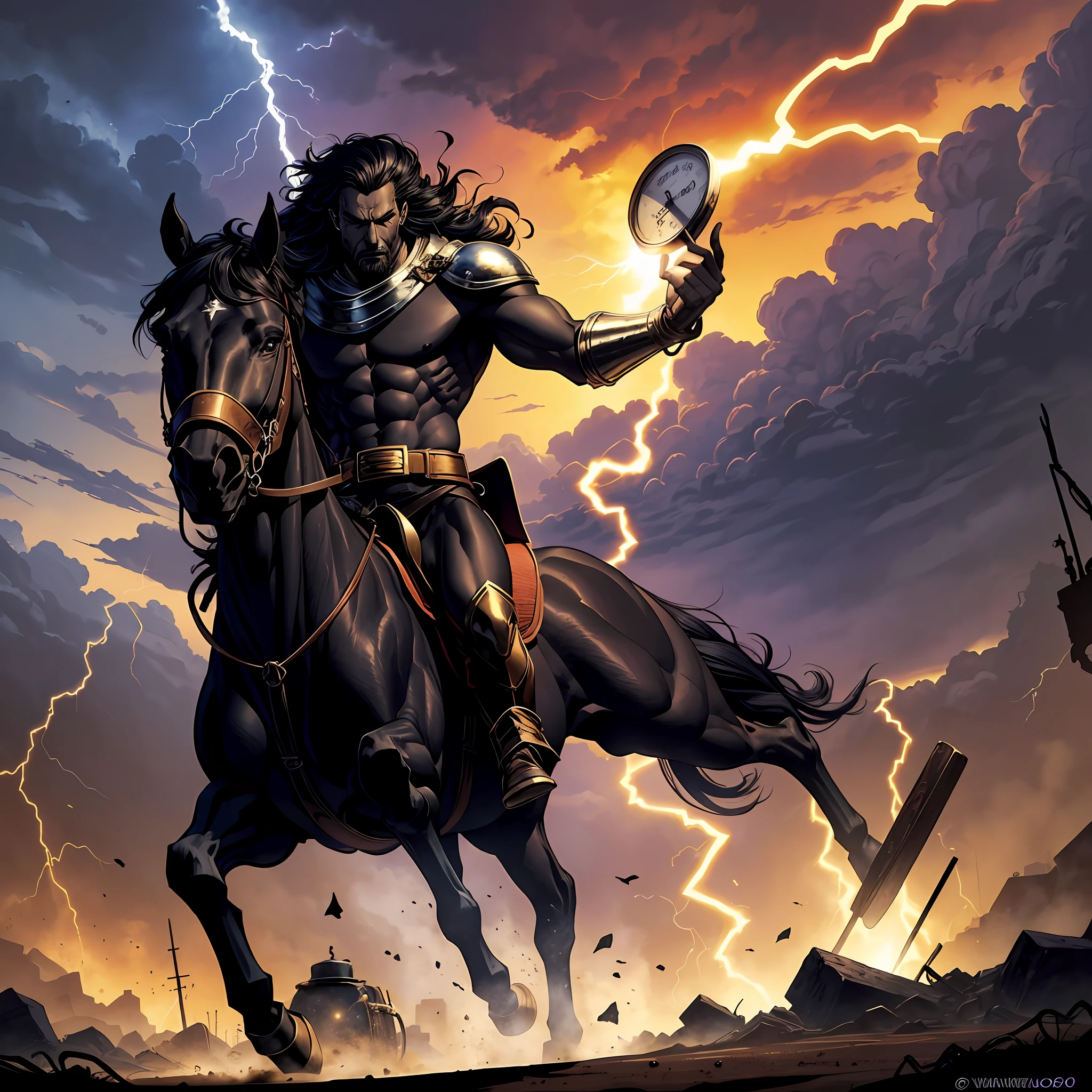 cartoon, a black horse, (a male rider carrying an Antique Weighing Scale:1.15), (chaos and starvation scenario:1.14)), food weight scale, cartoon style movie, cartoon, by Ron Walotsky, 90s cartoon, strong shadows, sky with dark clouds and war scenery, lightning and thunder, fire, dirt road at dusk, gradient sky, grotesque, dark, scary, dark fantasy, mysterious atmosphere. --s2
