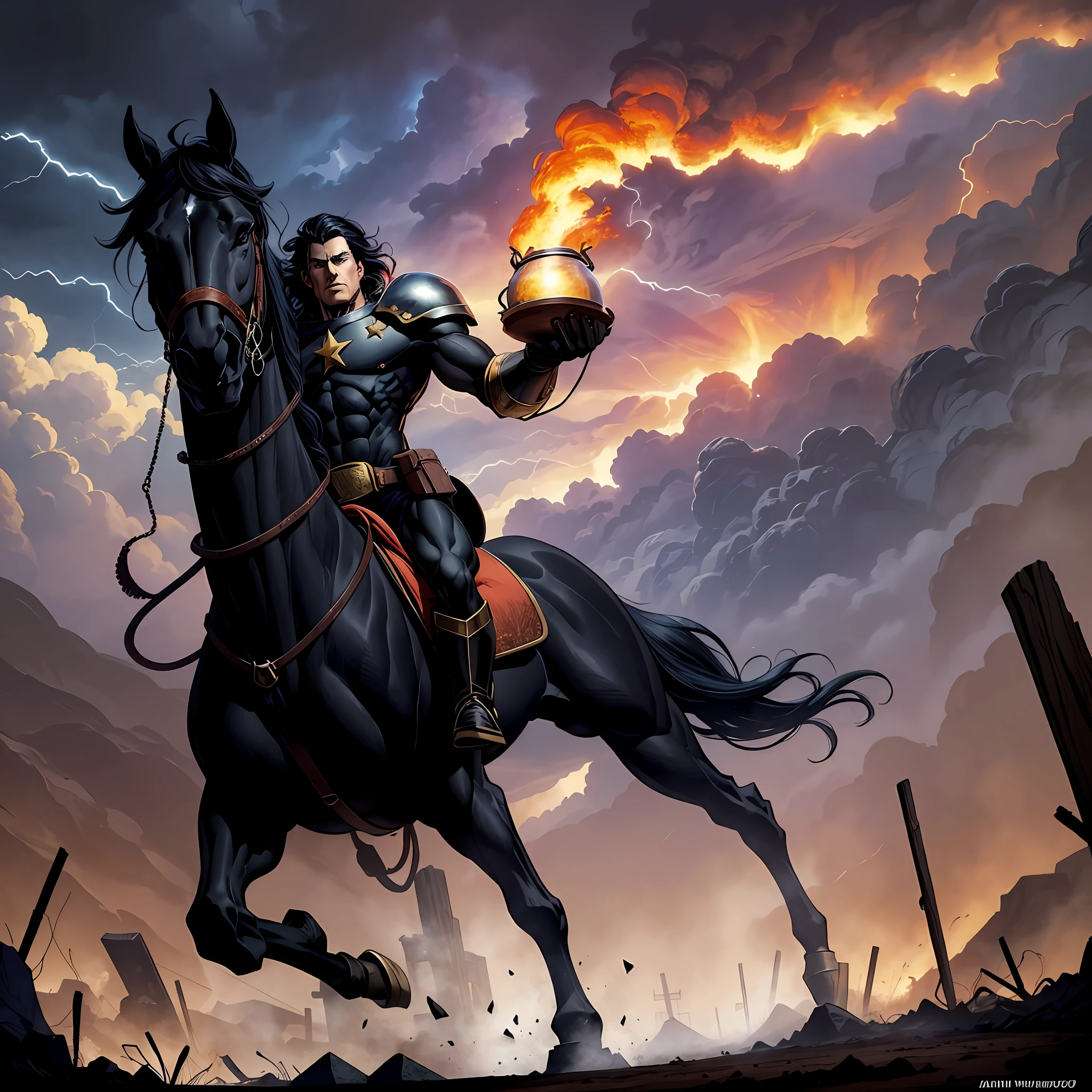 cartoon, a black horse, (a male rider carrying an Antique Weighing Scale:1.15), (chaos and starvation scenario:1.14)), food weight scale, cartoon style movie, cartoon, by Ron Walotsky, 90s cartoon, strong shadows, sky with dark clouds and war scenery, lightning and thunder, fire, dirt road at dusk, gradient sky, grotesque, dark, scary, dark fantasy, mysterious atmosphere. --s2